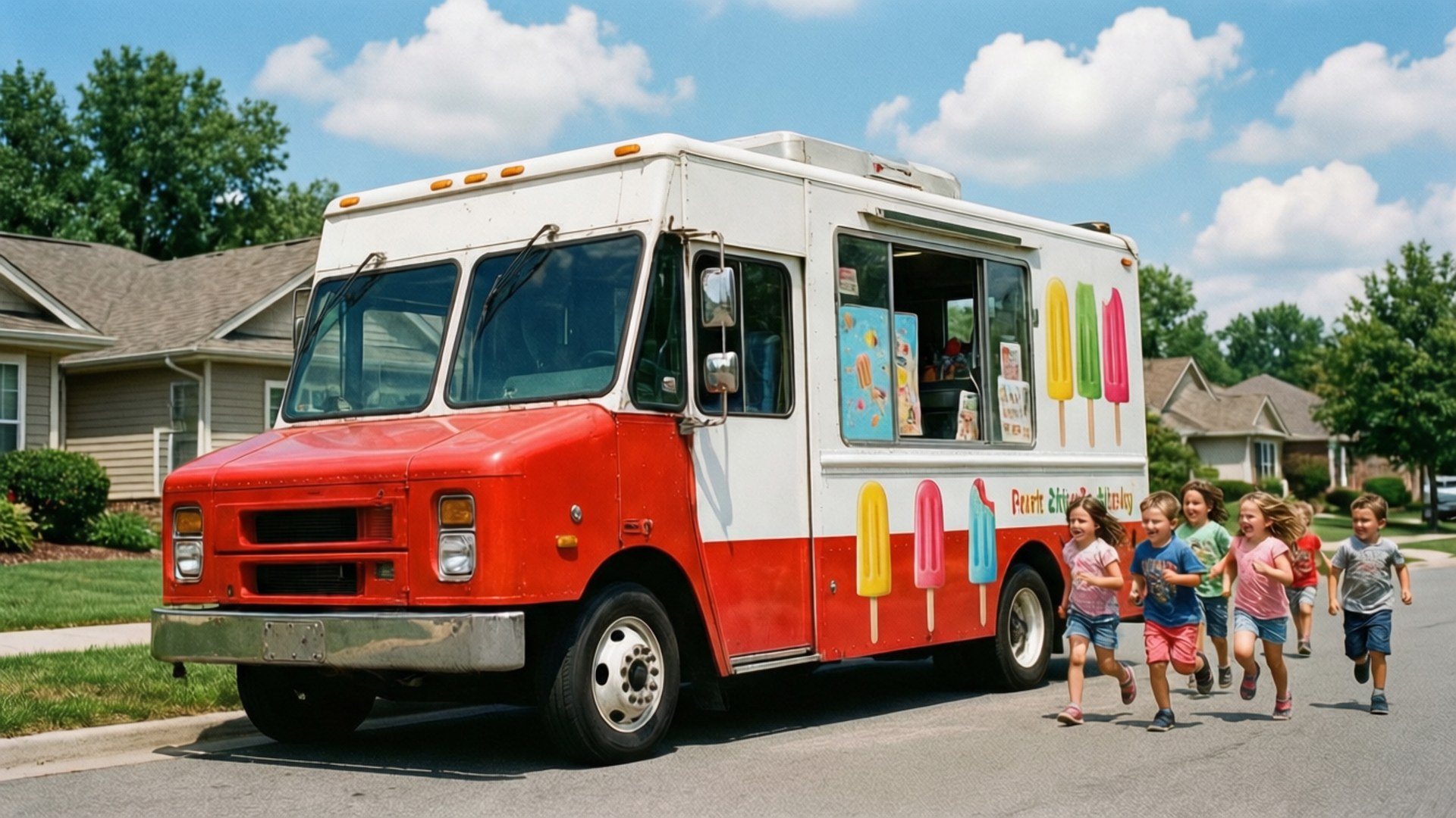 Ice Cream Truck 桌布 壁紙 — 孩子們快樂地奔向一輛停泊在陽光明媚的郊區街道上的紅白相間的雪糕車。