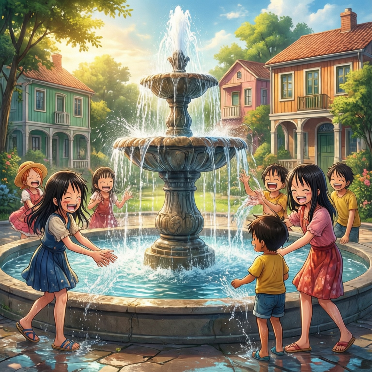 噴泉樂趣 壁紙 — 孩子們在陽光普照的噴泉中歡笑嬉水，周圍是色彩繽紛的房屋和茂密的綠樹。