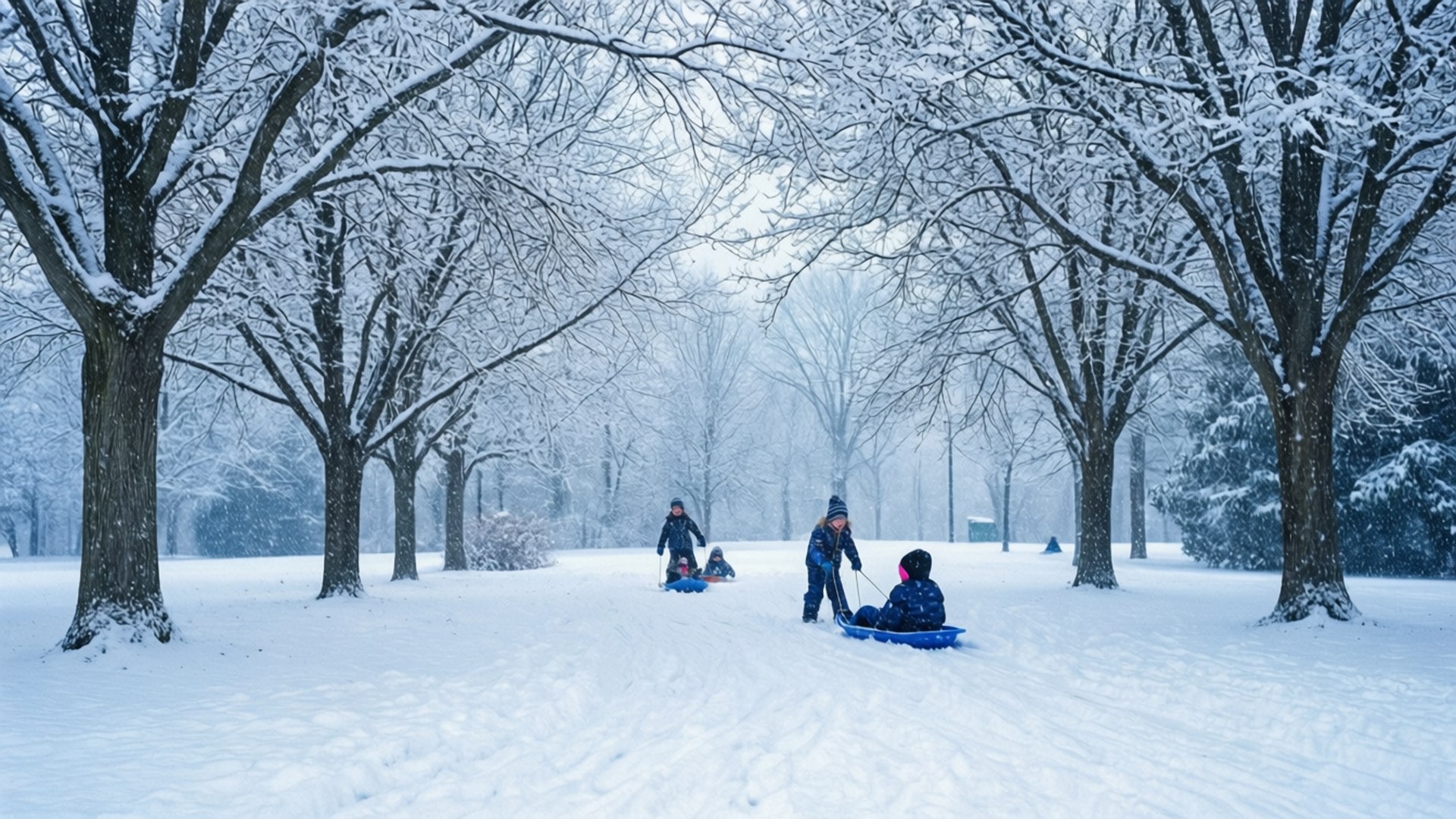 孩子們在積雪覆蓋、樹木光禿的公園裡滑雪橇。