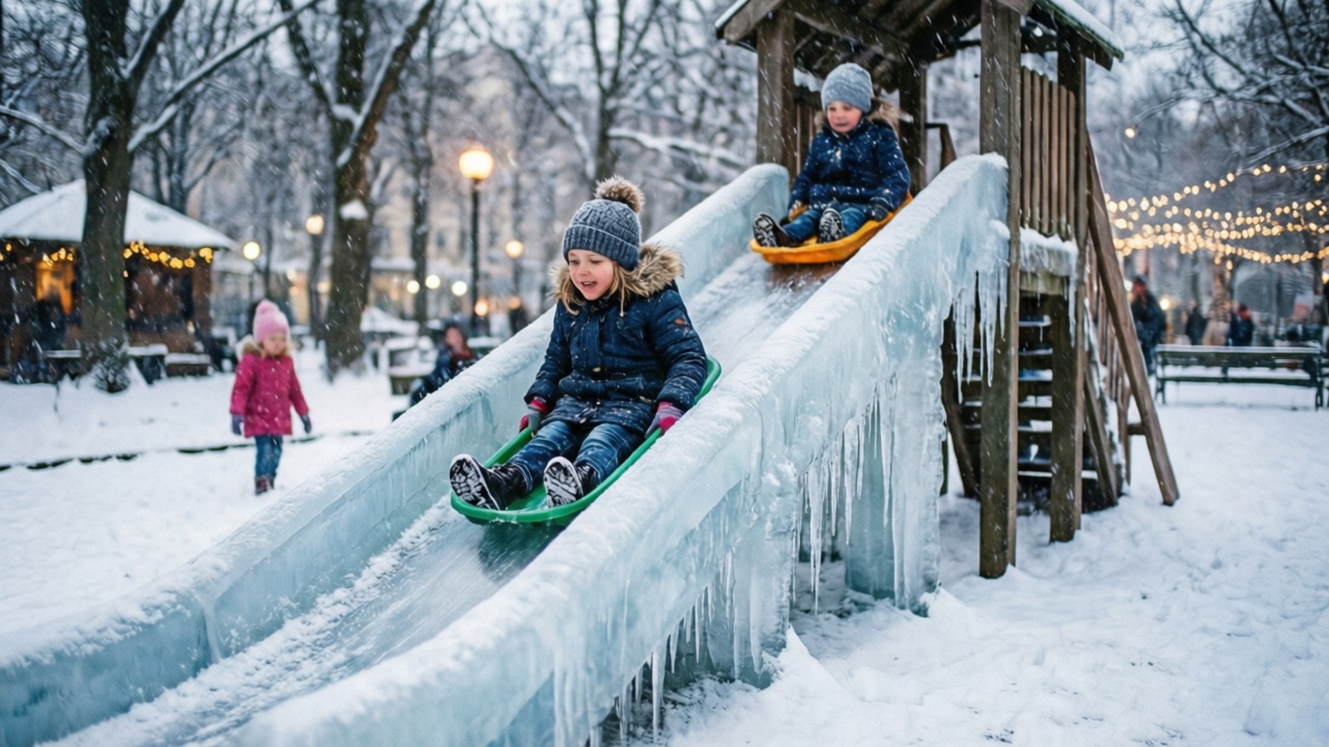 孩子們在雪地公園裡滑下結冰的冰滑梯，周圍有串燈。