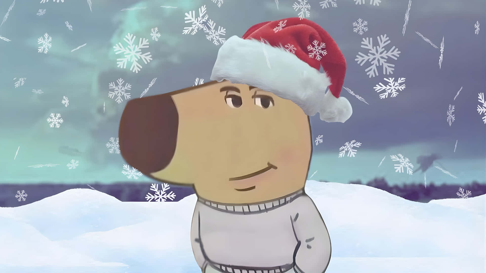 Chill Guy 圣誕氛圍 壁紙 — 一隻卡通狗戴著紅色聖誕帽站在雪景中，雪花在它周圍飄落。