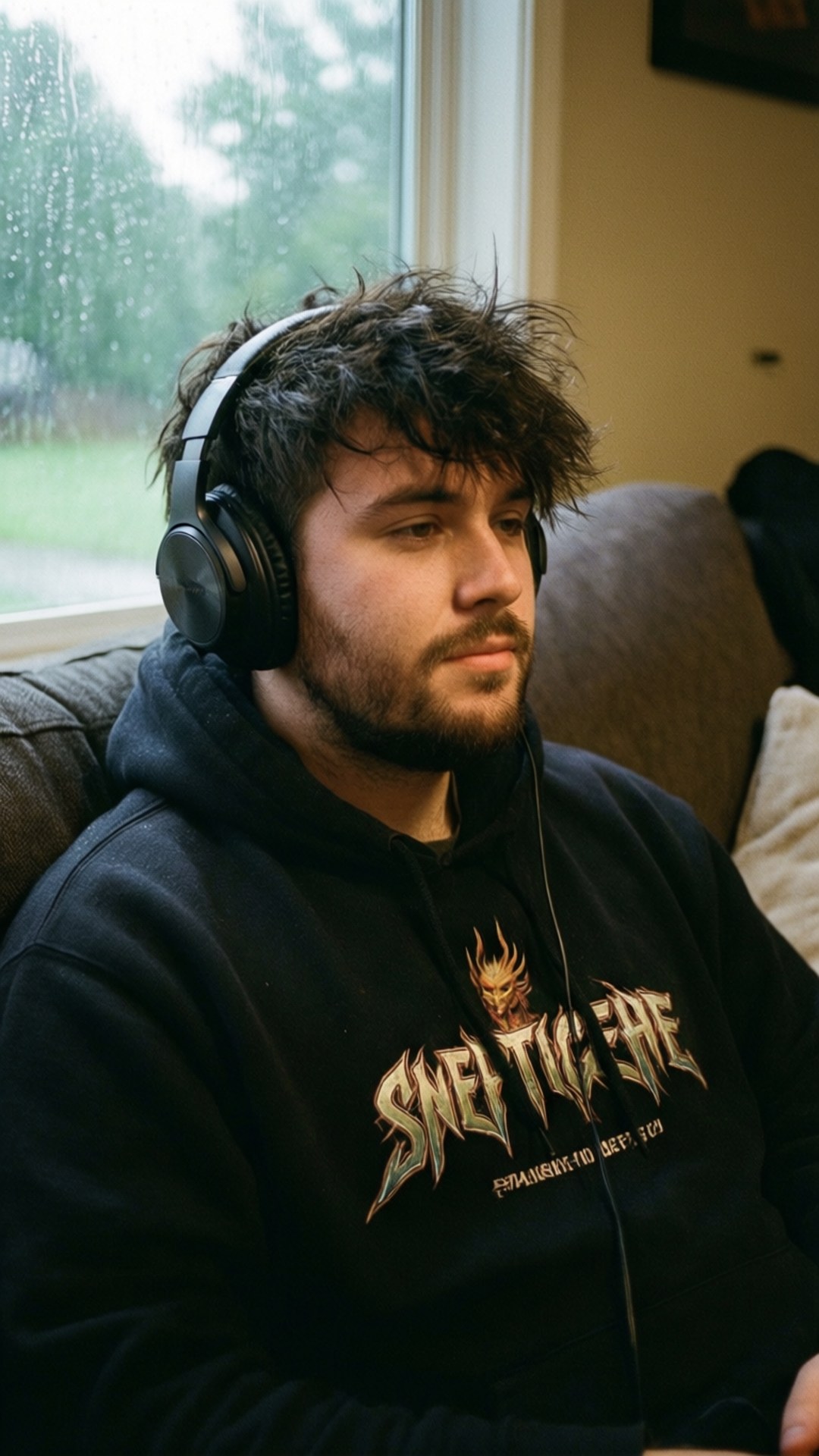 戴耳機的年輕男子坐在沙發上望著下雨的窗外