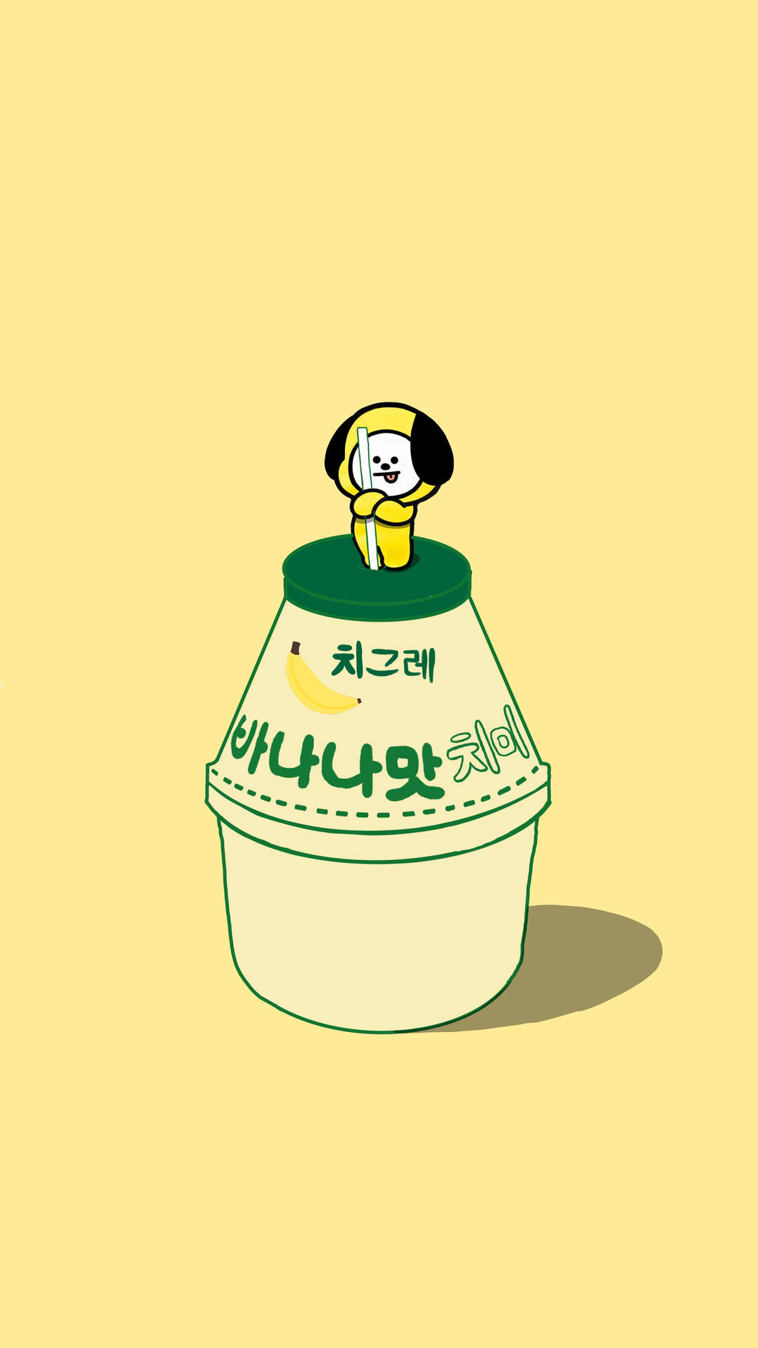 香蕉乳酪杯上的卡通角色，帶有韓文文字。