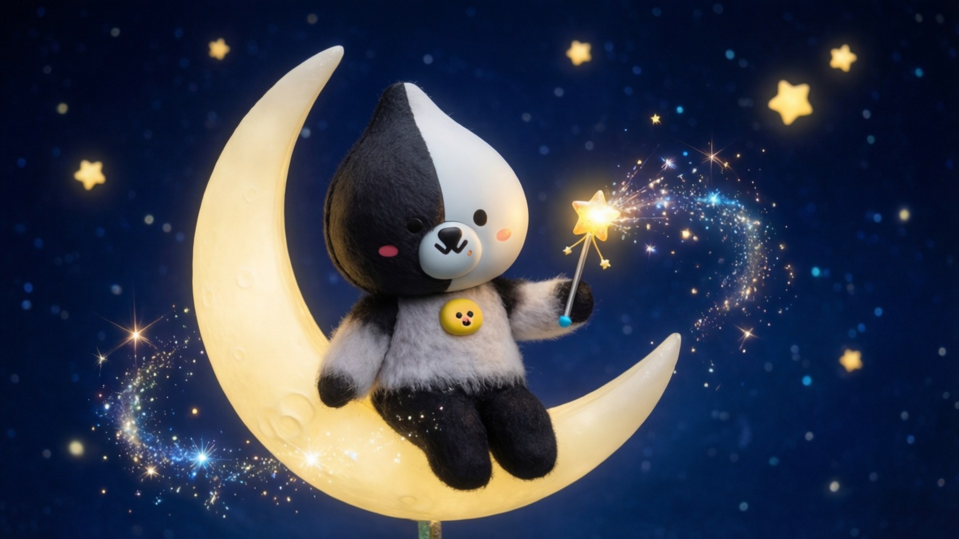一隻毛絨熊坐在彎月上，在星空下手持閃爍的星星魔杖