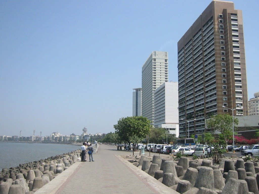 城市海濱步道，旁邊有高樓大廈和水面，還有行人和車輛。