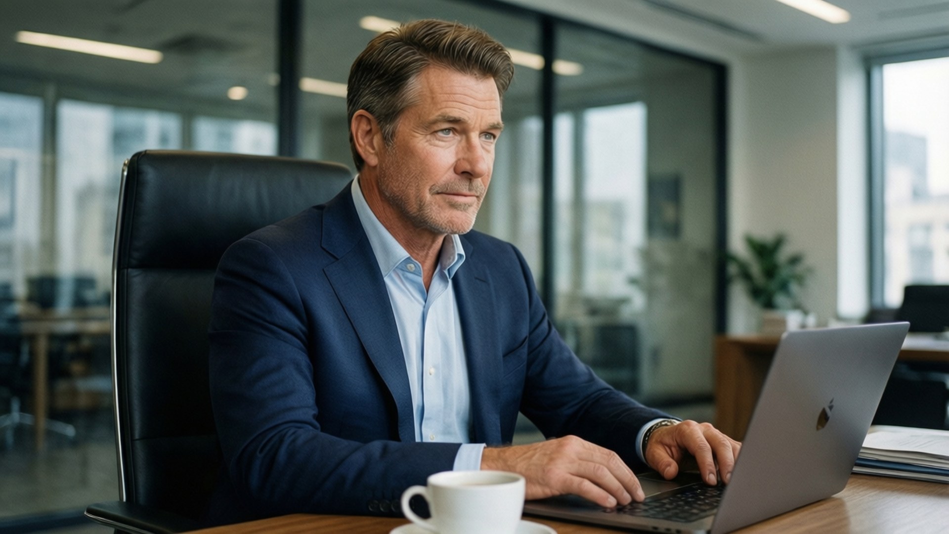 rob lowe 桌布 壁紙 — 一位成熟嘅商人穿著海軍藍西裝，專注咁坐喺木枱前，喺一部銀色手提電腦上打字，旁邊放咗一個白色咖啡杯，喺一個明亮嘅現代辦公室入面。