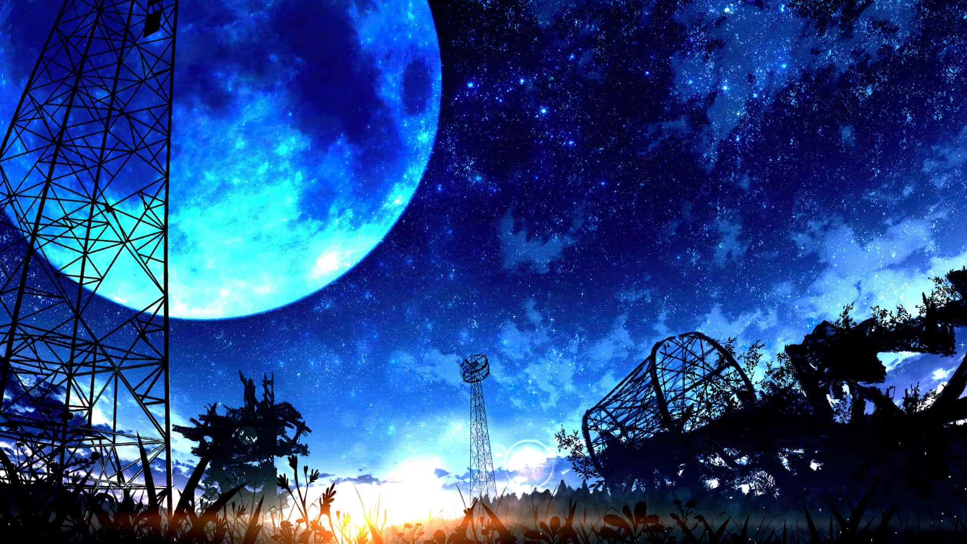  壁紙 — 超現實夜景，星空下巨大的藍色發光月亮映襯著輸電塔和樹木的剪影。
