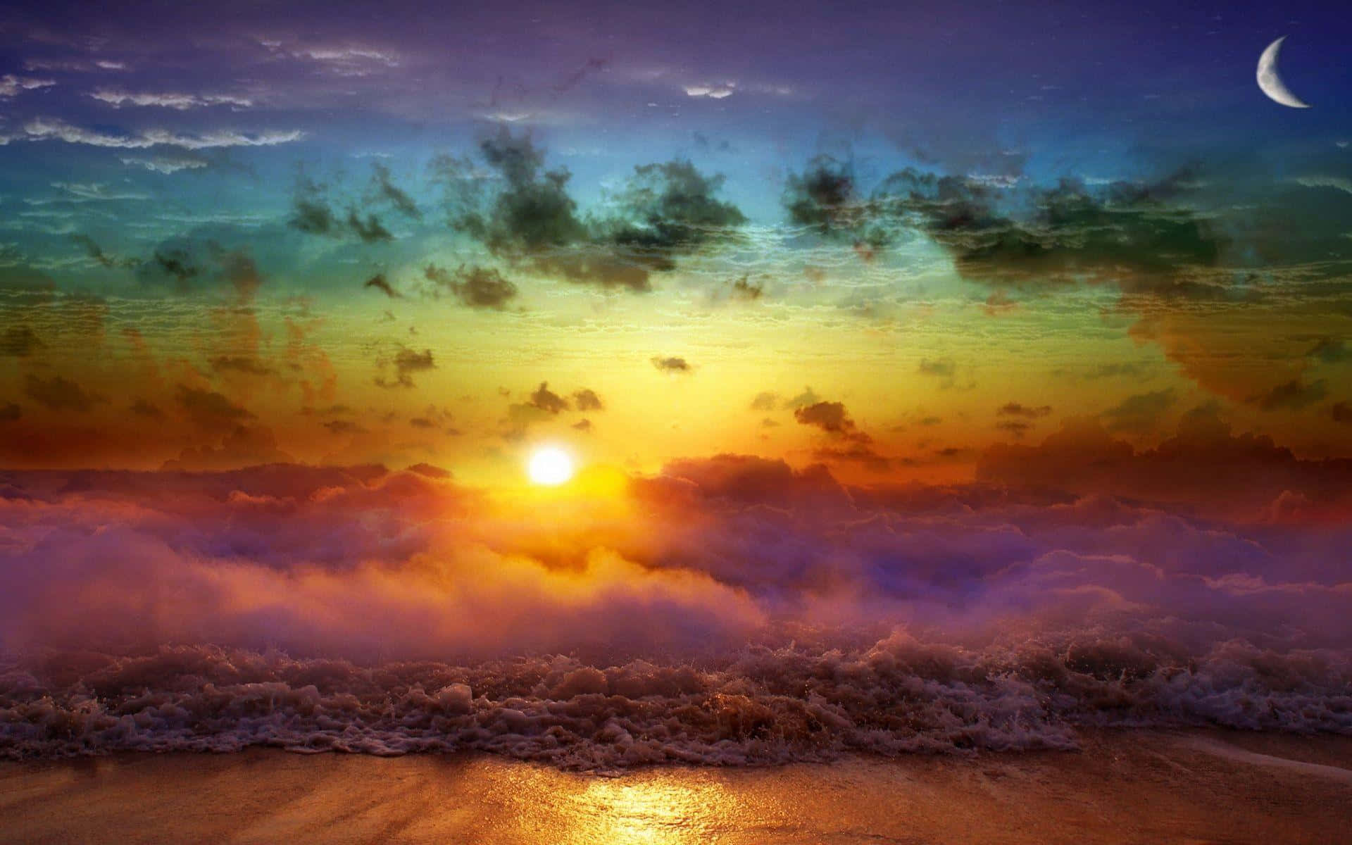 Sunset Painting 桌布 壁紙 — 超現實的海灘日落，有發光的太陽、彩虹雲和在新月之上的拍岸海浪。