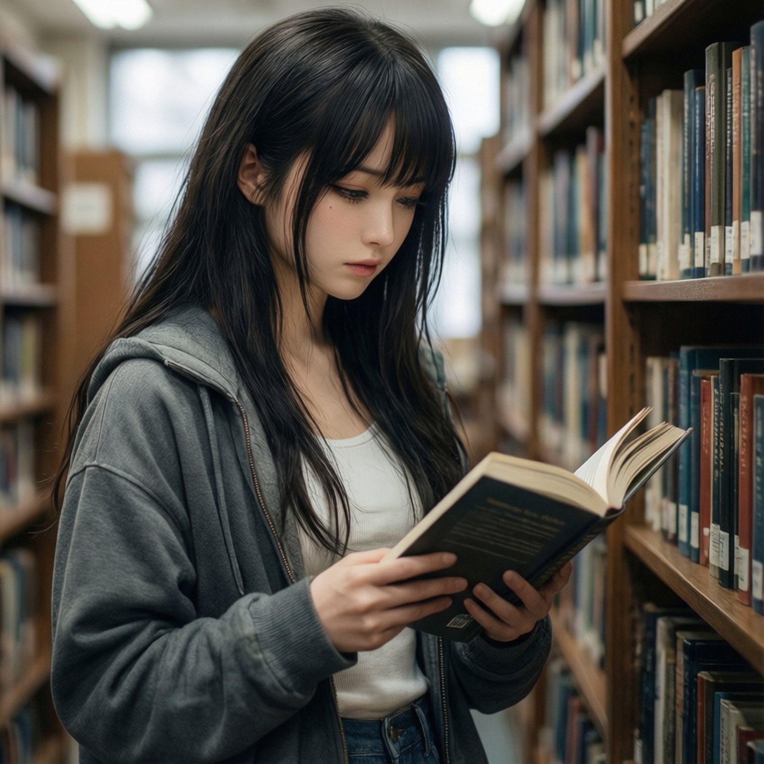 年輕女子在木架圖書館看書