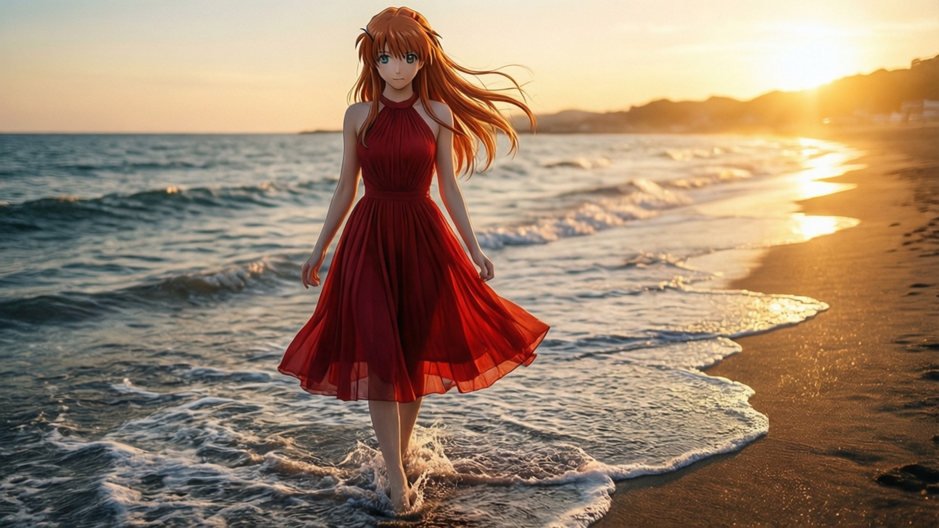動漫女孩穿紅裙在夕陽海灘的海浪中行走