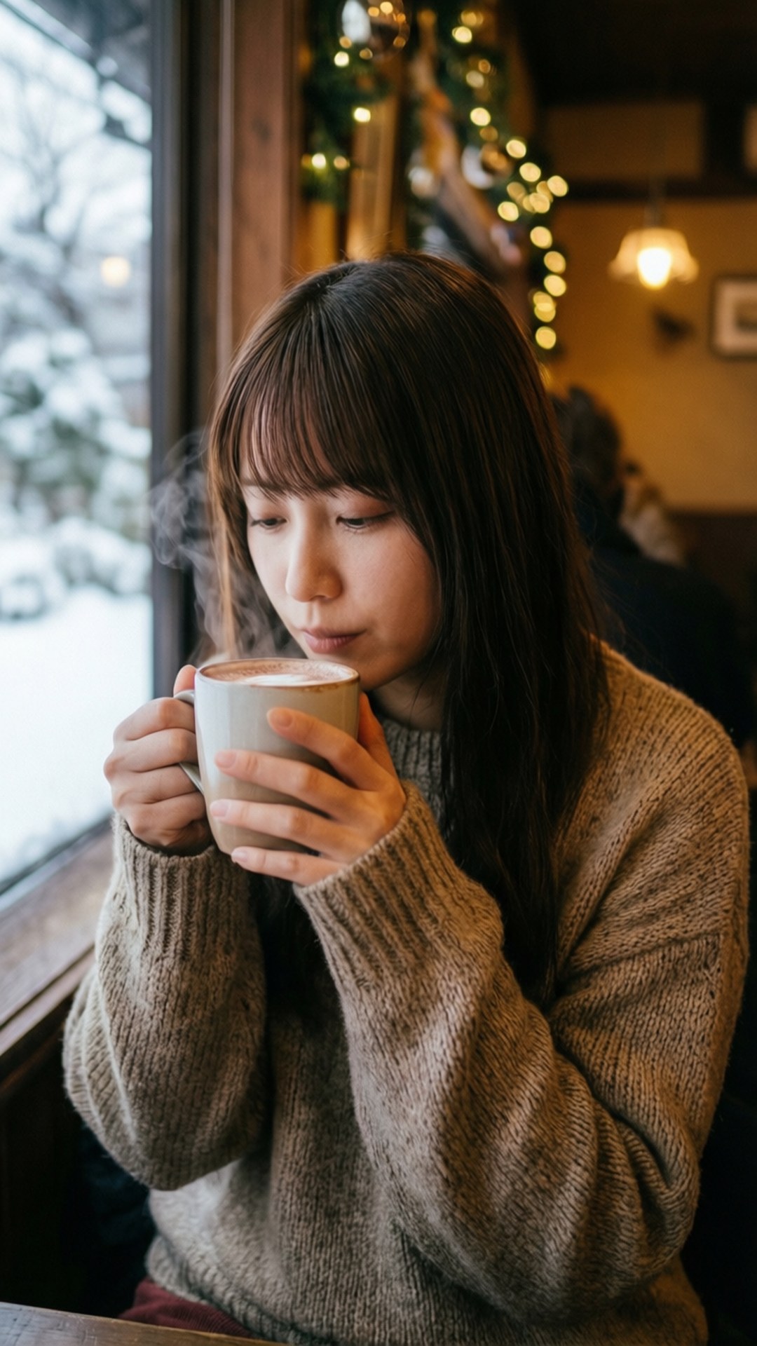 年輕女子在舒適的咖啡館裡，靠著積雪的窗戶，手持一杯冒熱氣的熱可可。