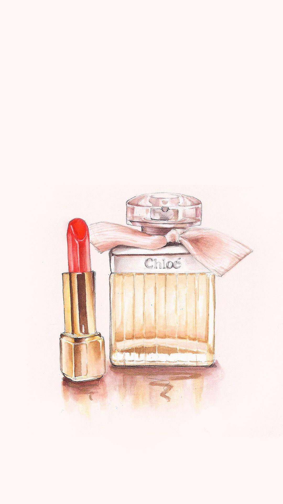 Chloe香水瓶、粉紅色蝴蝶結和紅色唇膏的水彩風格插圖。