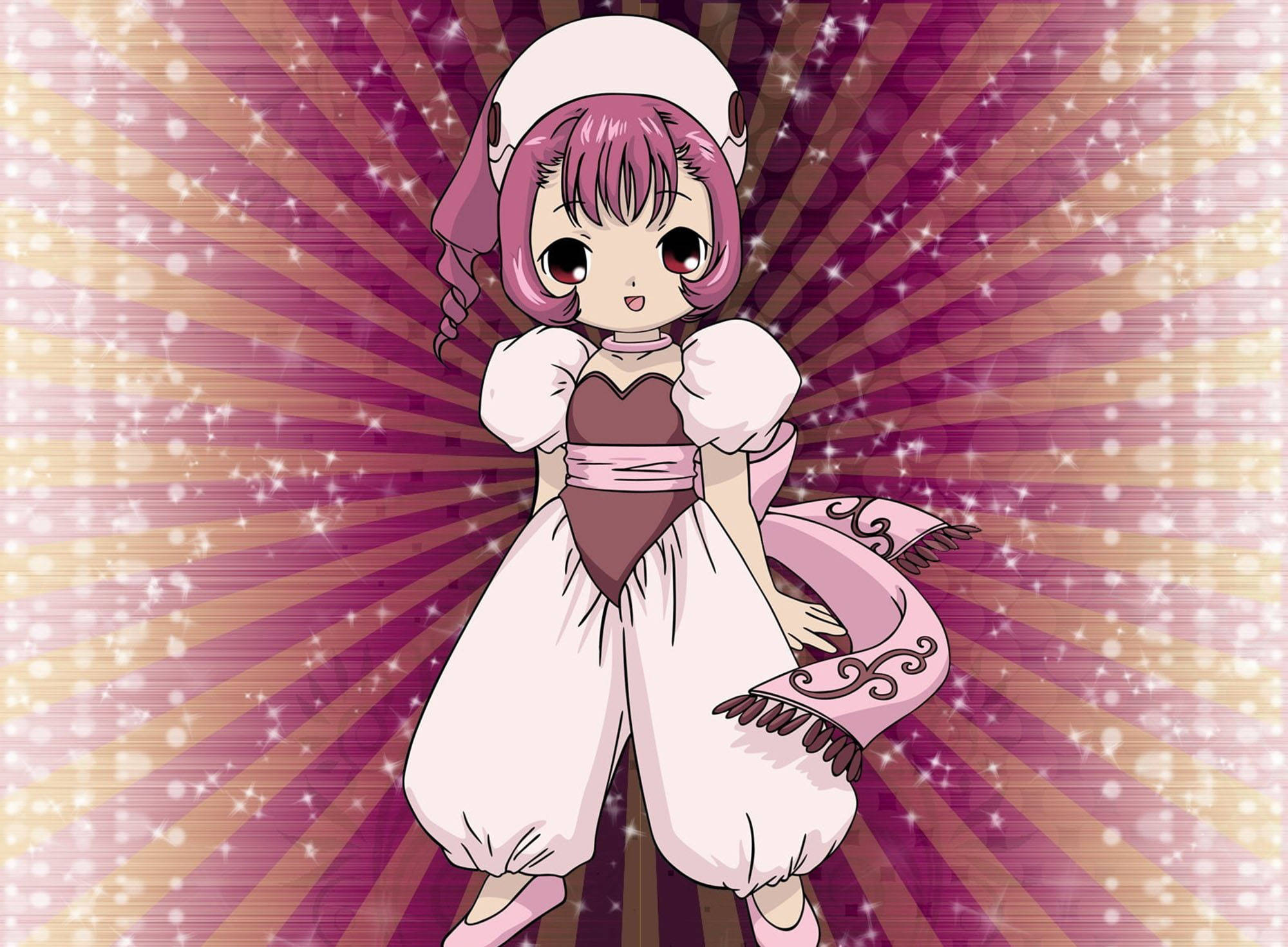 《Chobits》Sumomo 光芒 壁紙 — 一位開心的動畫女孩，粉紅色頭髮，戴著護士帽，站在紫色和金色的放射狀星爆背景前。