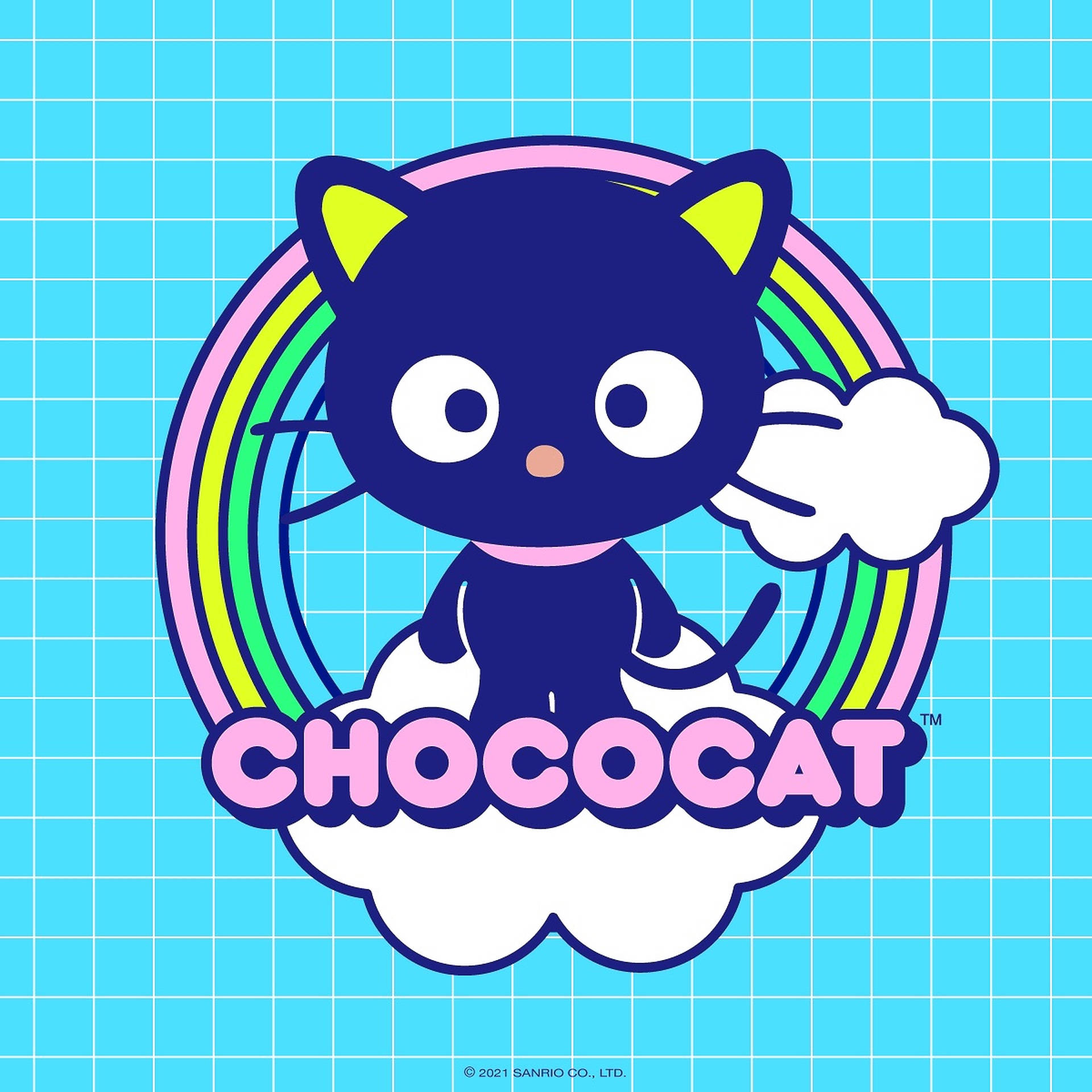 Chococat 卡通角色坐在雲上，身後有彩虹，背景是藍色網格。