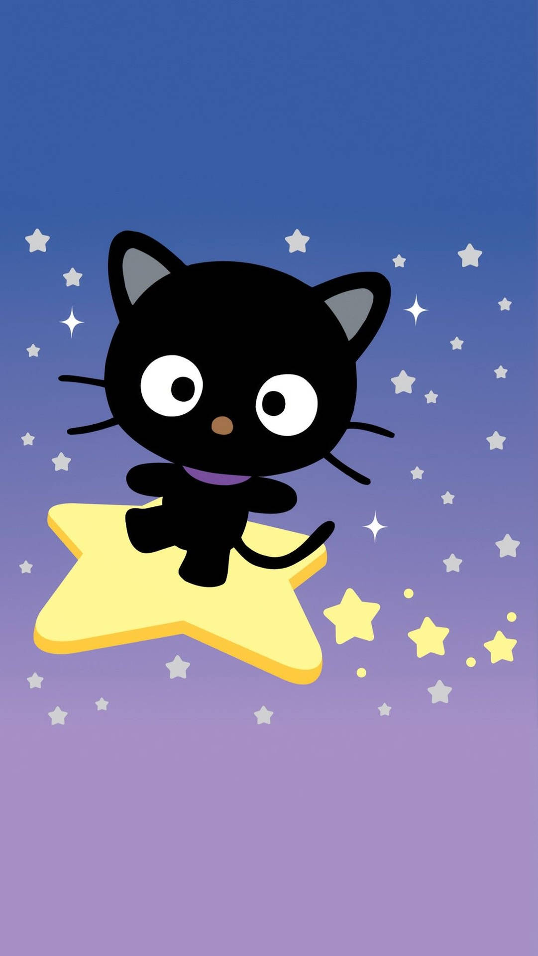 黑色卡通貓坐喺黃色星星上，喺星空夜晚。
