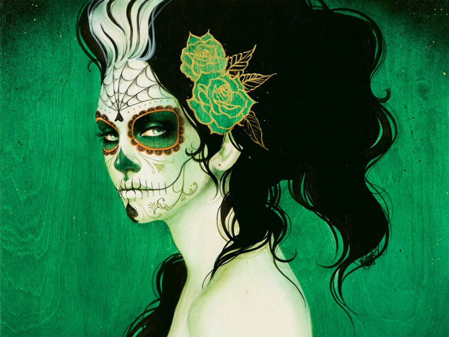 女士，糖骷髏妝，綠色玫瑰在頭髮上。