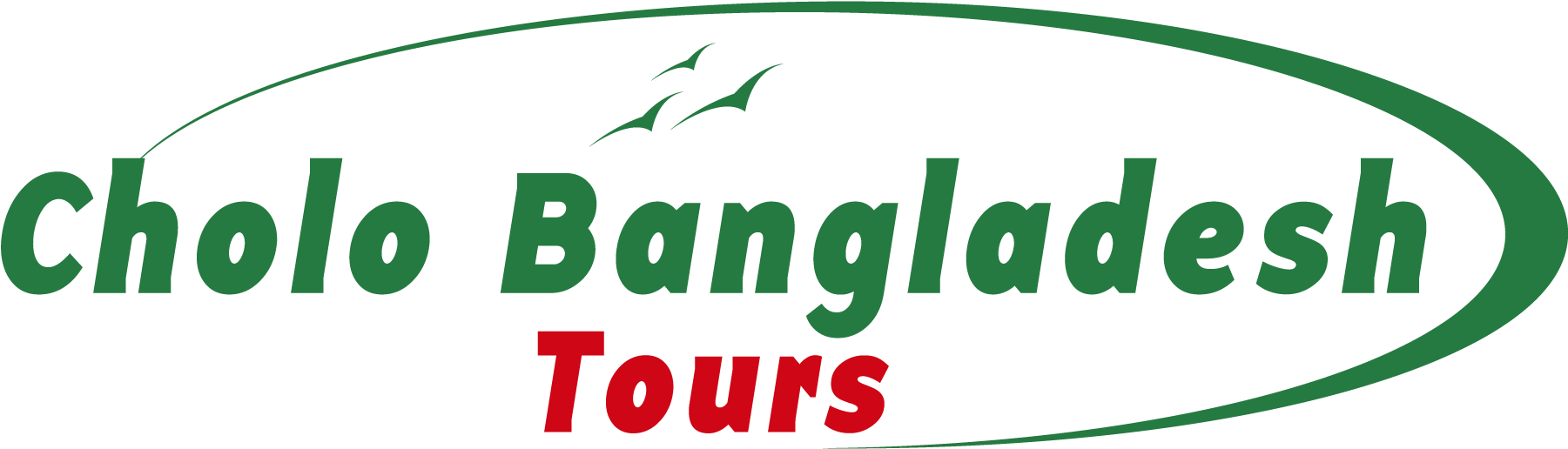 Cholo Bangladesh Tours 標誌 壁紙 — 粗體綠色和紅色文字在彎曲的綠色橢圓形內顯示 Cholo Bangladesh Tours，上方有兩隻飛鳥。