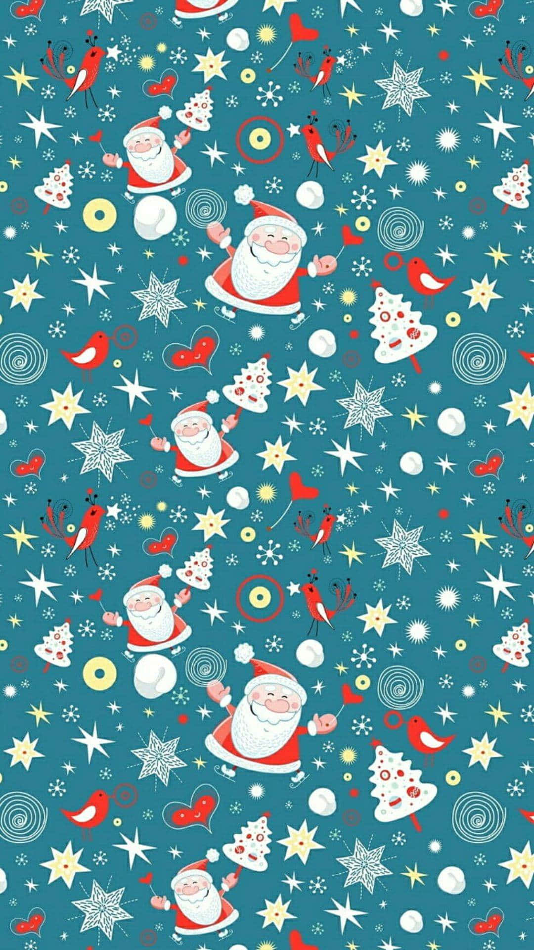  壁紙 — 充滿歡樂卡通聖誕老人、紅鳥、雪花和星星重複圖案的節日青綠色壁紙。
