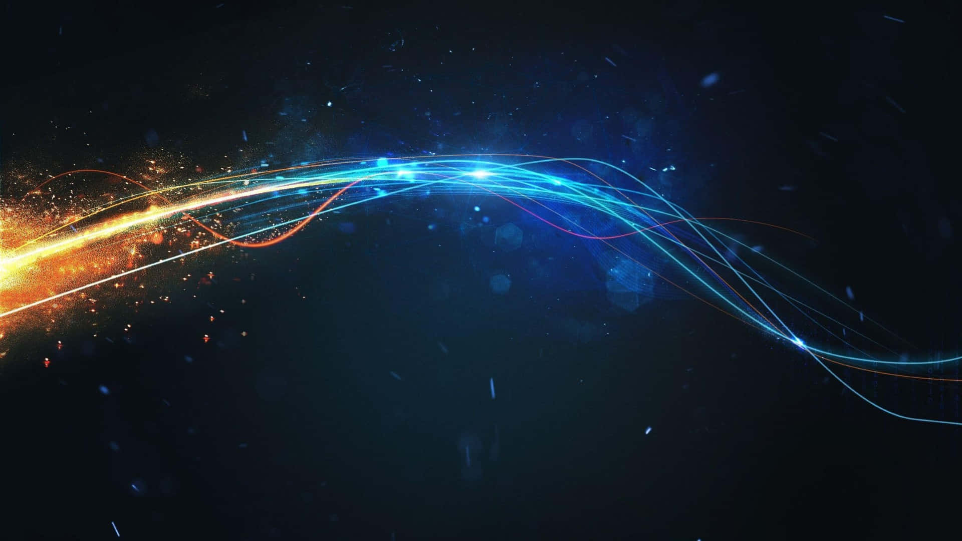  壁紙 — 充滿活力的發光能量軌跡在黑暗的宇宙虛空中彎曲，伴隨著閃爍的粒子和散景光。