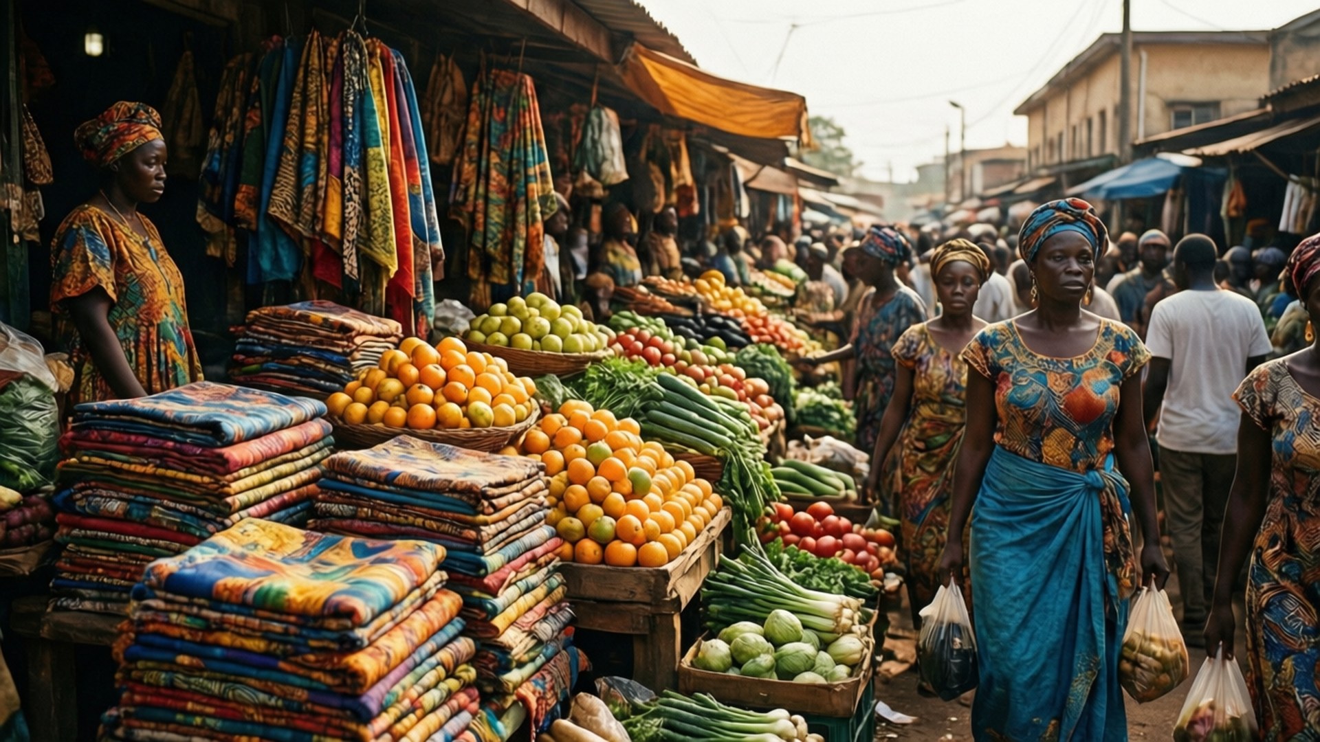 Dr Congo 桌布 壁紙 — 充滿活力的非洲市場場景，穿著色彩繽紛圖案連衣裙的女性在燦爛陽光下瀏覽新鮮農產品和紡織品。