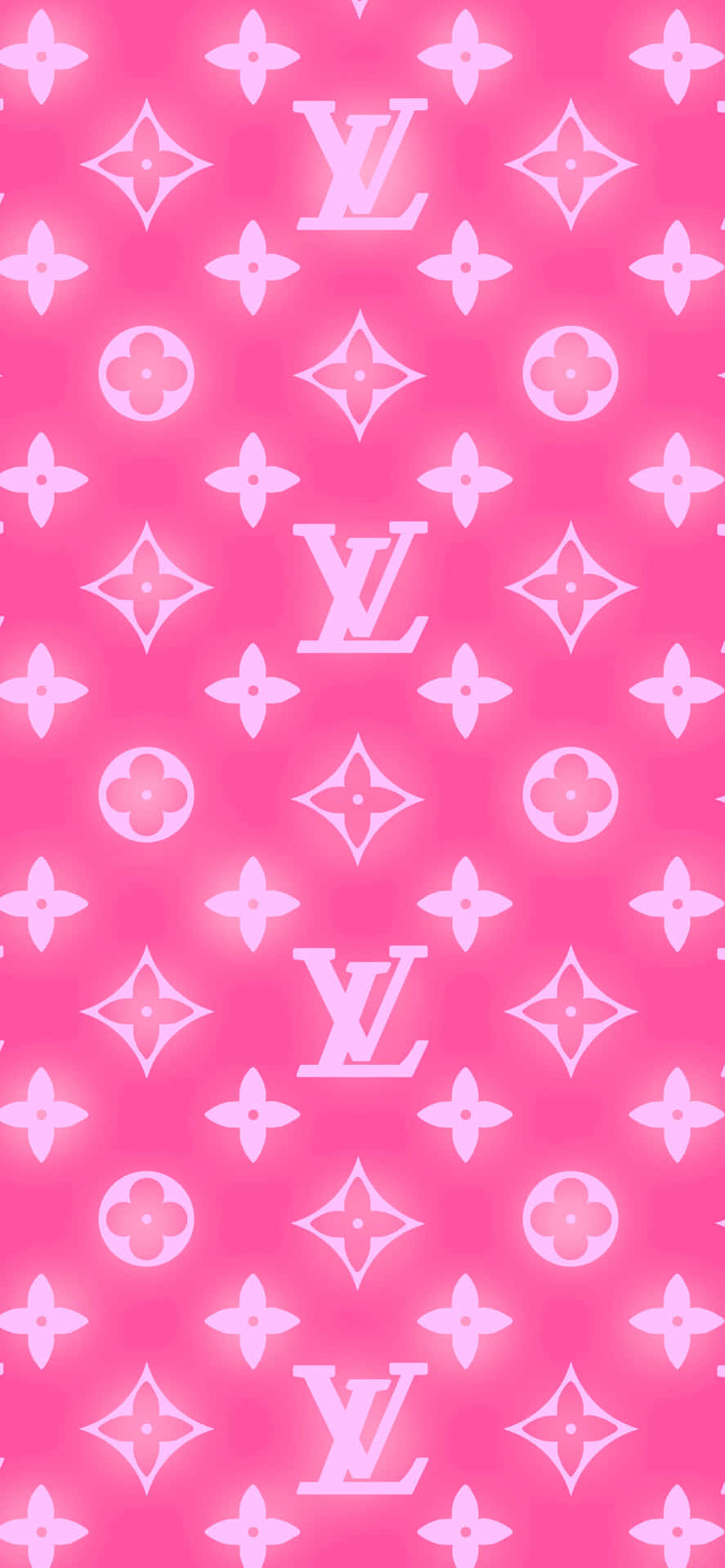  壁紙 — 充滿活力的粉紅色牆紙，帶有重複的白色Louis Vuitton字母組合和花卉圖案，形成無縫圖案。