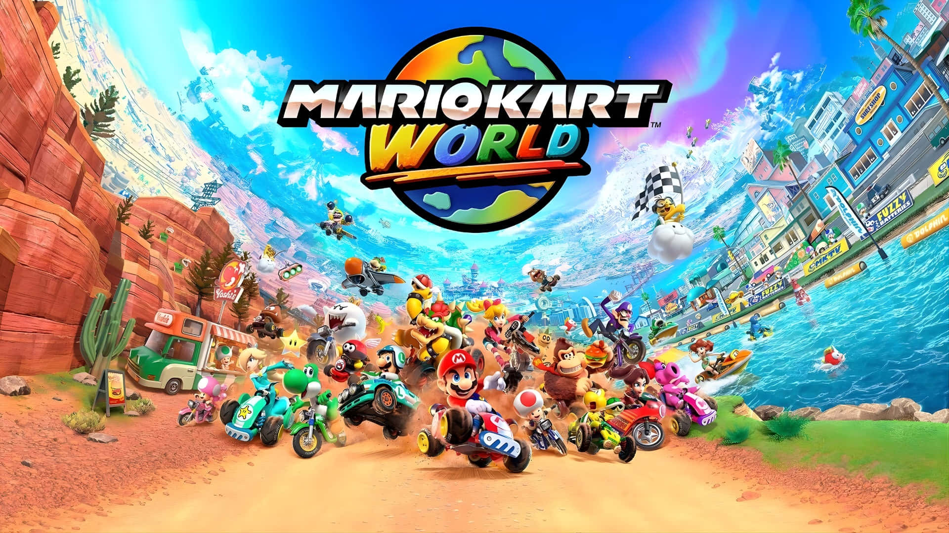  壁紙 — 充滿活力的Mario Kart World賽車場景，角色們在晴朗天空下於沙漠和海岸賽道上飛馳。