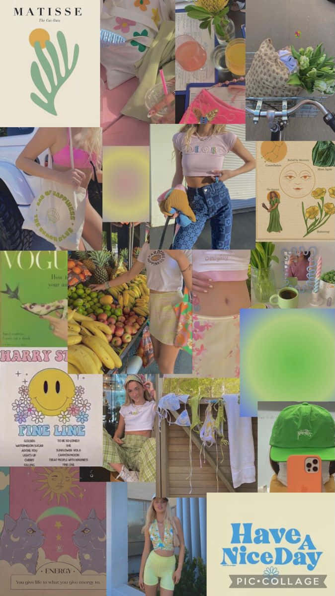 Hibiscus Flower Coconut Girl Aesthetic 桌布 壁紙 — 充滿活力的夏日生活風格時刻拼貼畫，包含時尚配飾、水果和以柔和色調呈現的歡樂圖案。