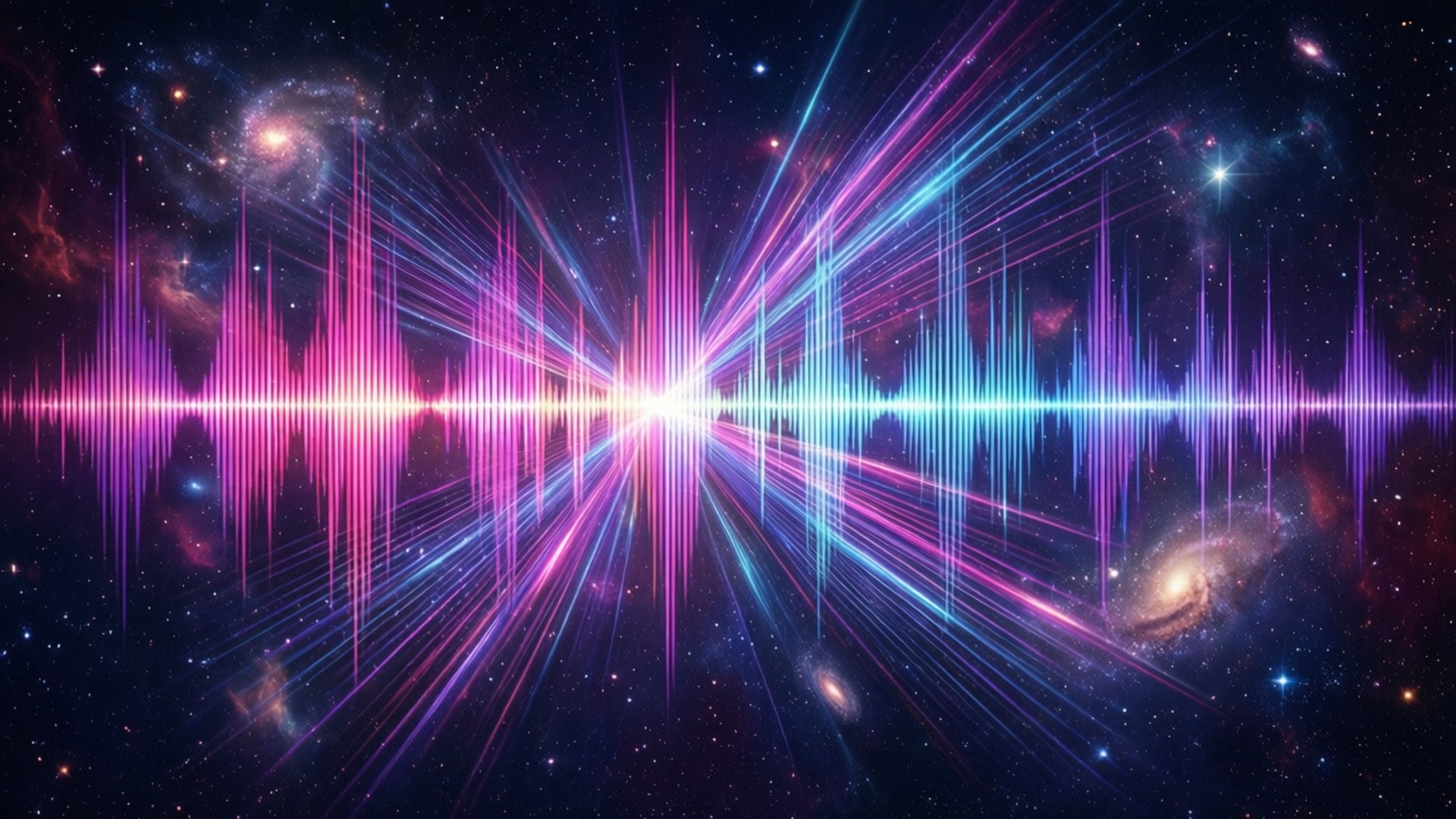 Song Playing 桌布 壁紙 — 充滿活力的宇宙聲波脈衝從明亮的中心輻射出來，背景是繁星點點的星系、星雲和遙遠的星系。