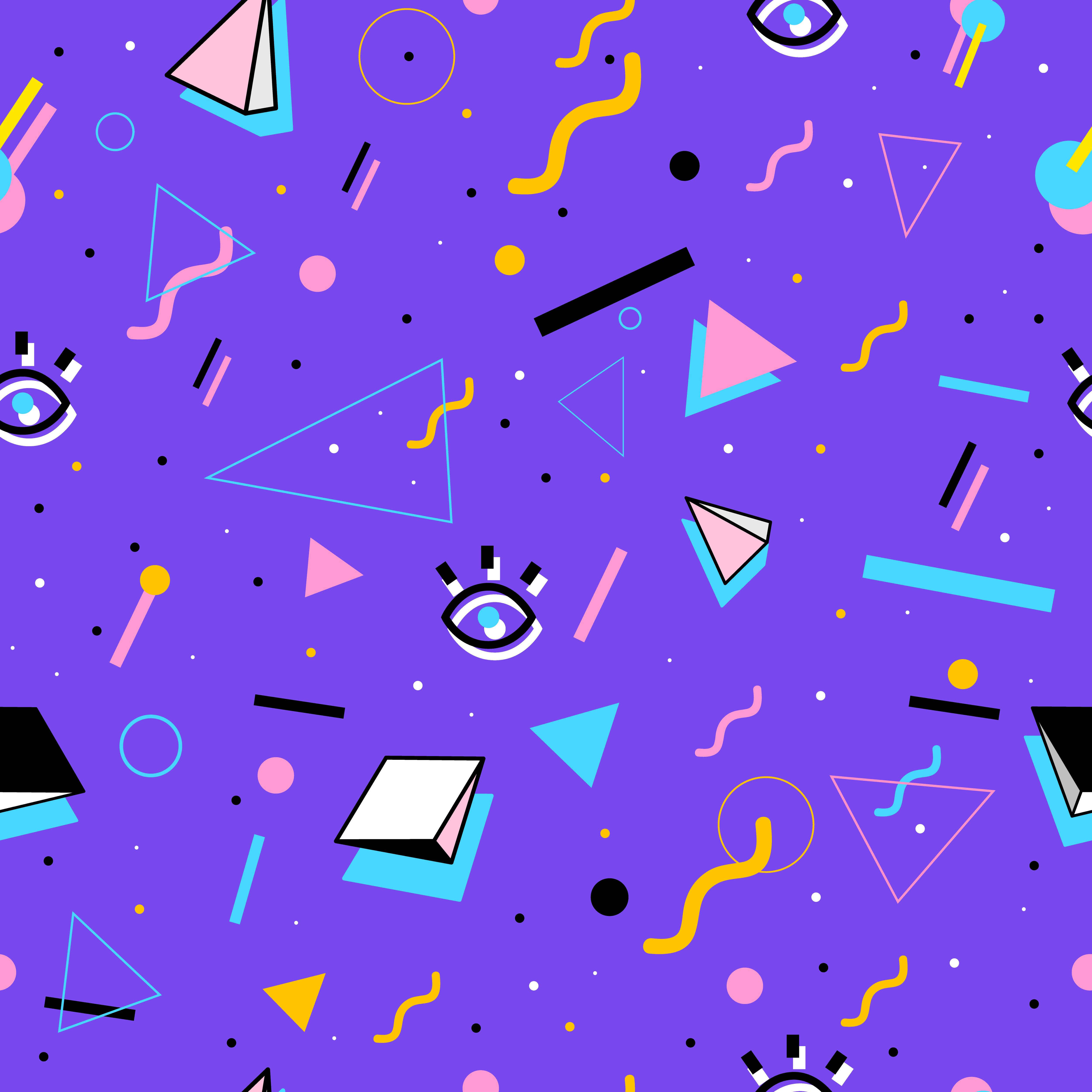 Retro Fashion 桌布 壁紙 — 充滿活力的紫色背景，散落著霓虹幾何形狀和風格化的眼睛，形成復古未來主義圖案。