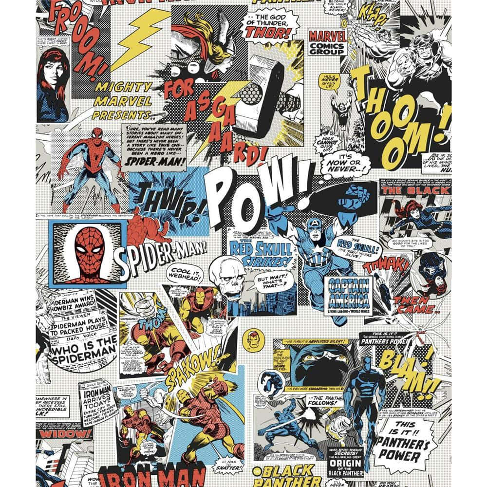 帶有音效和角色名稱的 Marvel 超級英雄漫畫面板。