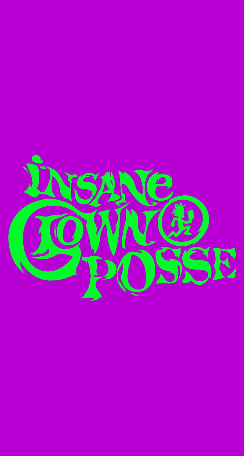  壁紙 — 充滿活力的紫色背景，帶有粗體霓虹綠色風格文字，寫著「INSANE CLOWN POSSE」，並有一個小丑圖標。