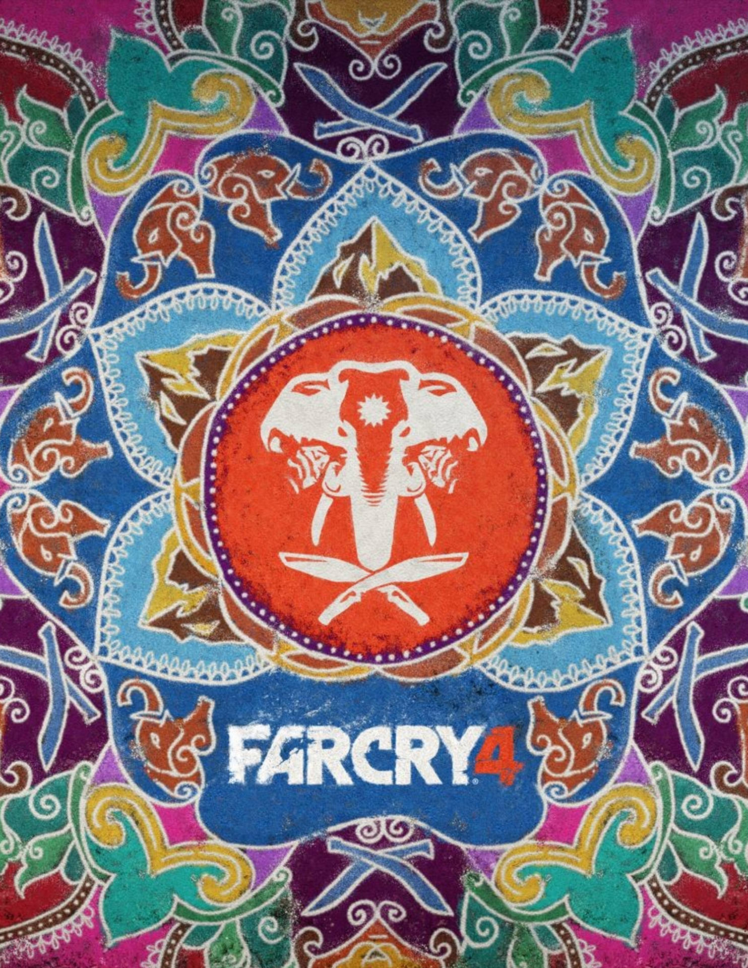 Far Cry 4 遊戲標誌，採用華麗多彩的曼陀羅設計，帶有大象頭骨。