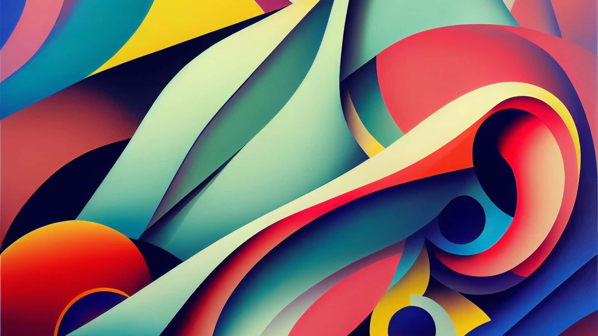  壁紙 — 充滿活力的抽象數位藝術作品，流動的色彩絲帶創造出動態的運動和深度。