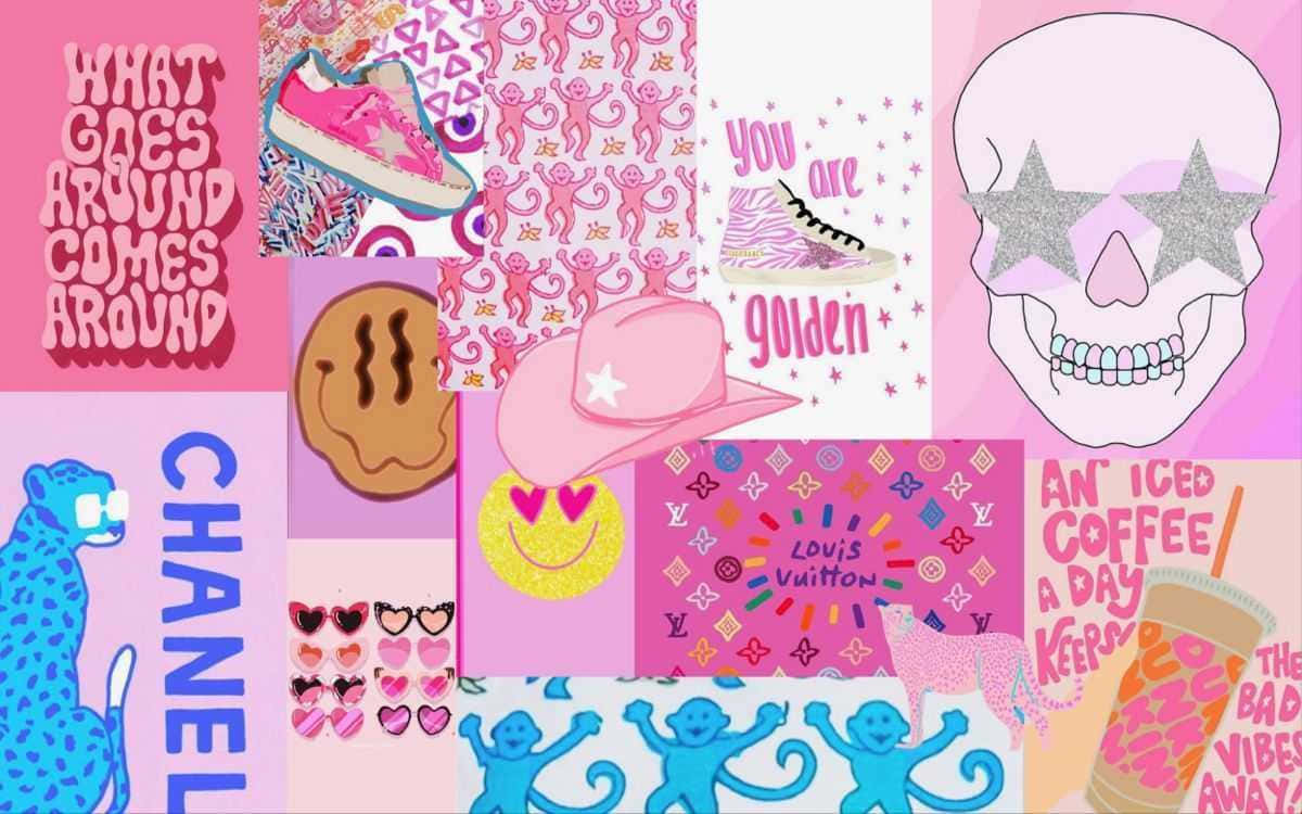 Cute Preppy 桌布 壁紙 — 充滿活力的粉紅色拼貼畫，包含骷髏頭、運動鞋、心形和奢侈品牌標誌，設計俏皮混亂。