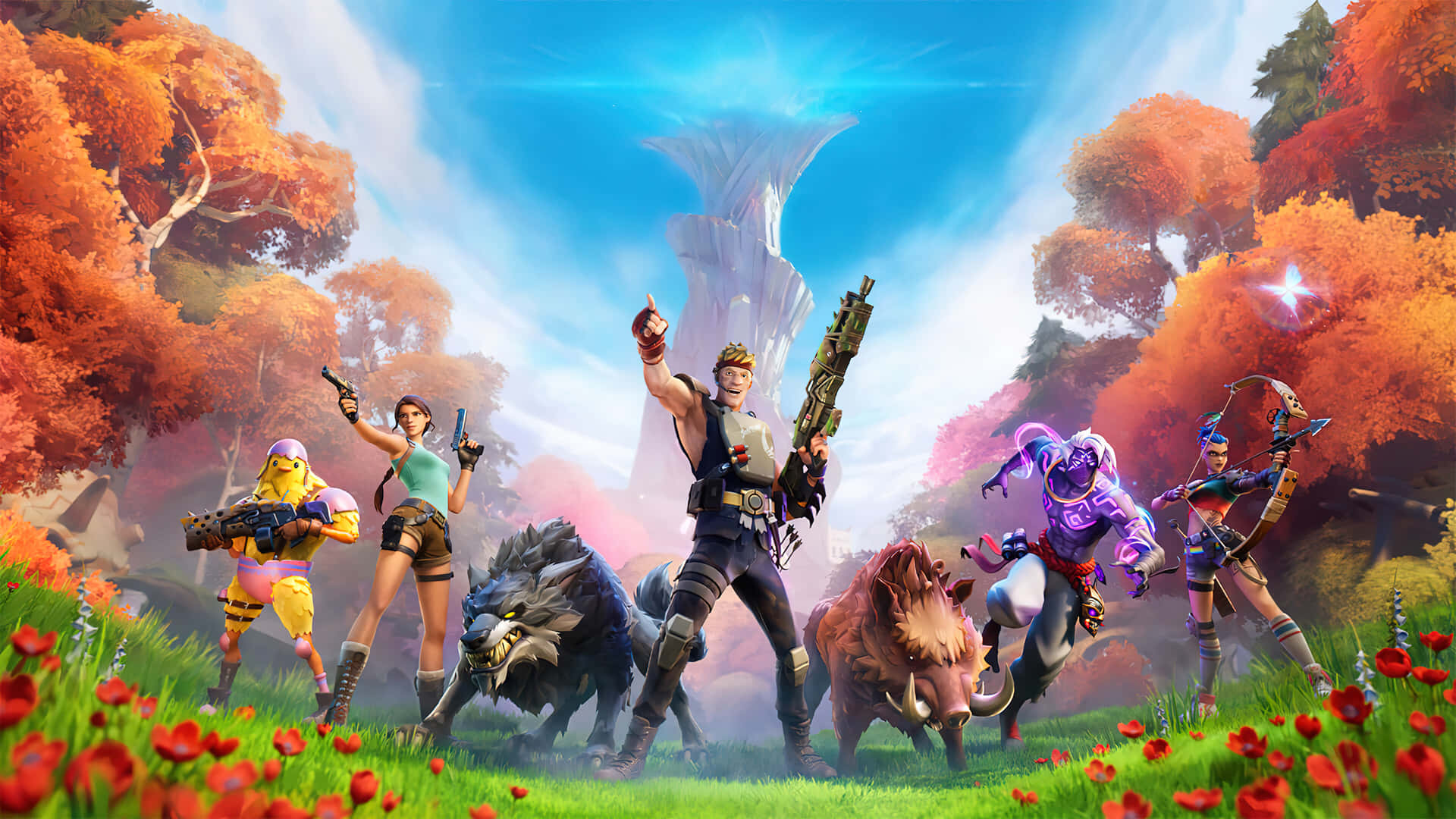  壁紙 — 充滿活力的 Fortnite 角色帶著武器和野獸，站在色彩繽紛的秋日田野中，背景是明亮的藍天。