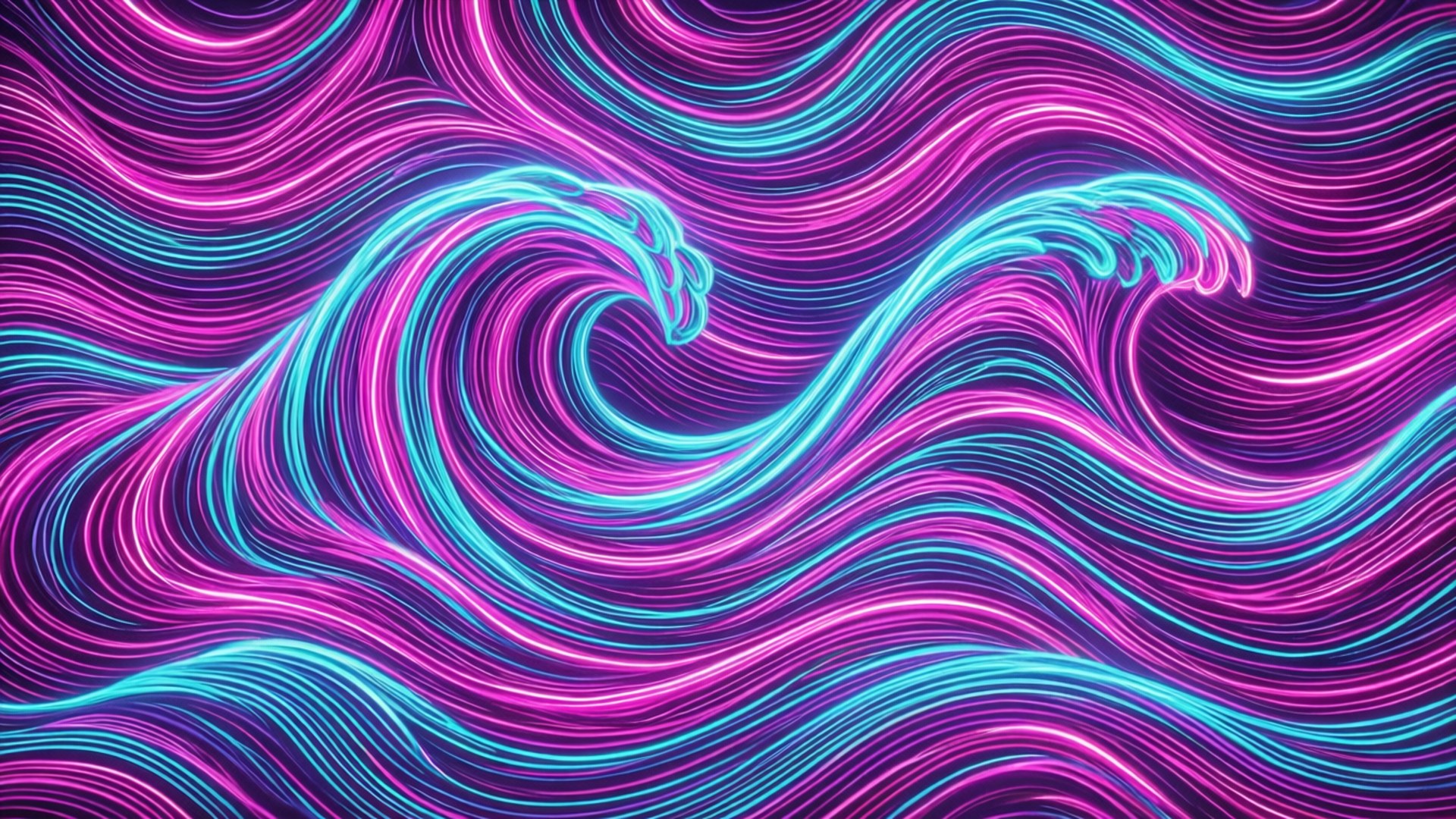 Neon iOS 5 Wave 壁紙 — 充滿活力的霓虹粉紅和青色波浪在動態數碼抽象圖案中旋轉，帶有發光線條。