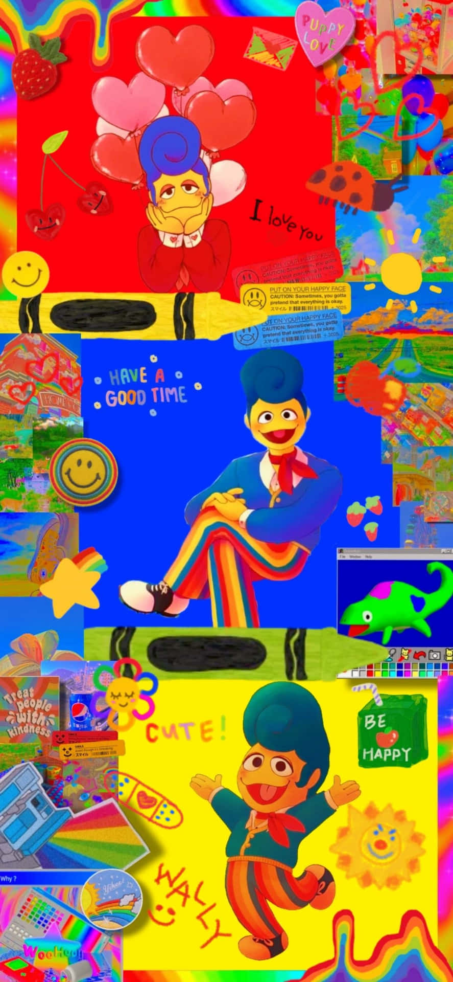  壁紙 — 充滿活力的拼貼畫，包含色彩繽紛的卡通角色和有趣的塗鴉，配有愛心、笑臉和彩虹圖案。