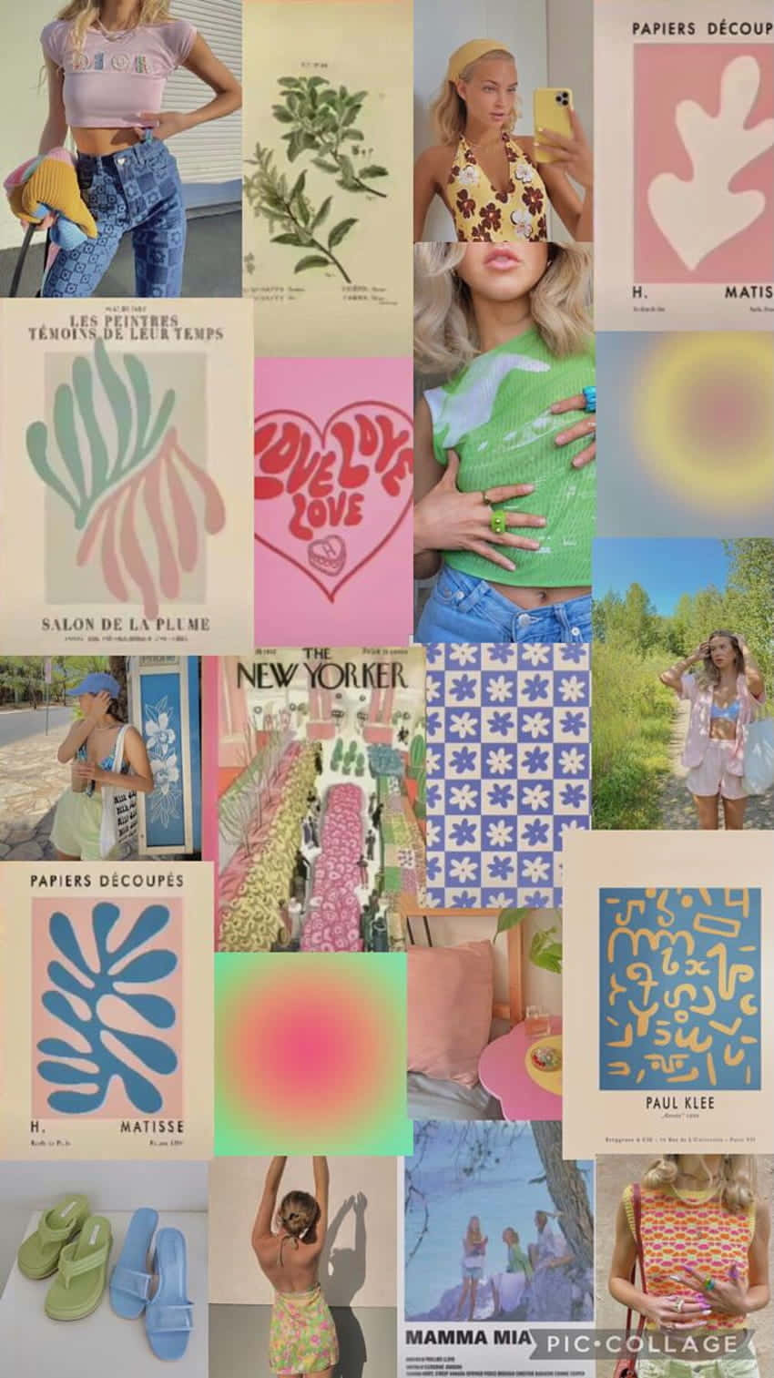Hibiscus Flower Coconut Girl Aesthetic 桌布 壁紙 — 充滿活力的時尚照片、藝術印刷品和圖案設計拼貼畫，採用柔和和鮮豔的色彩。