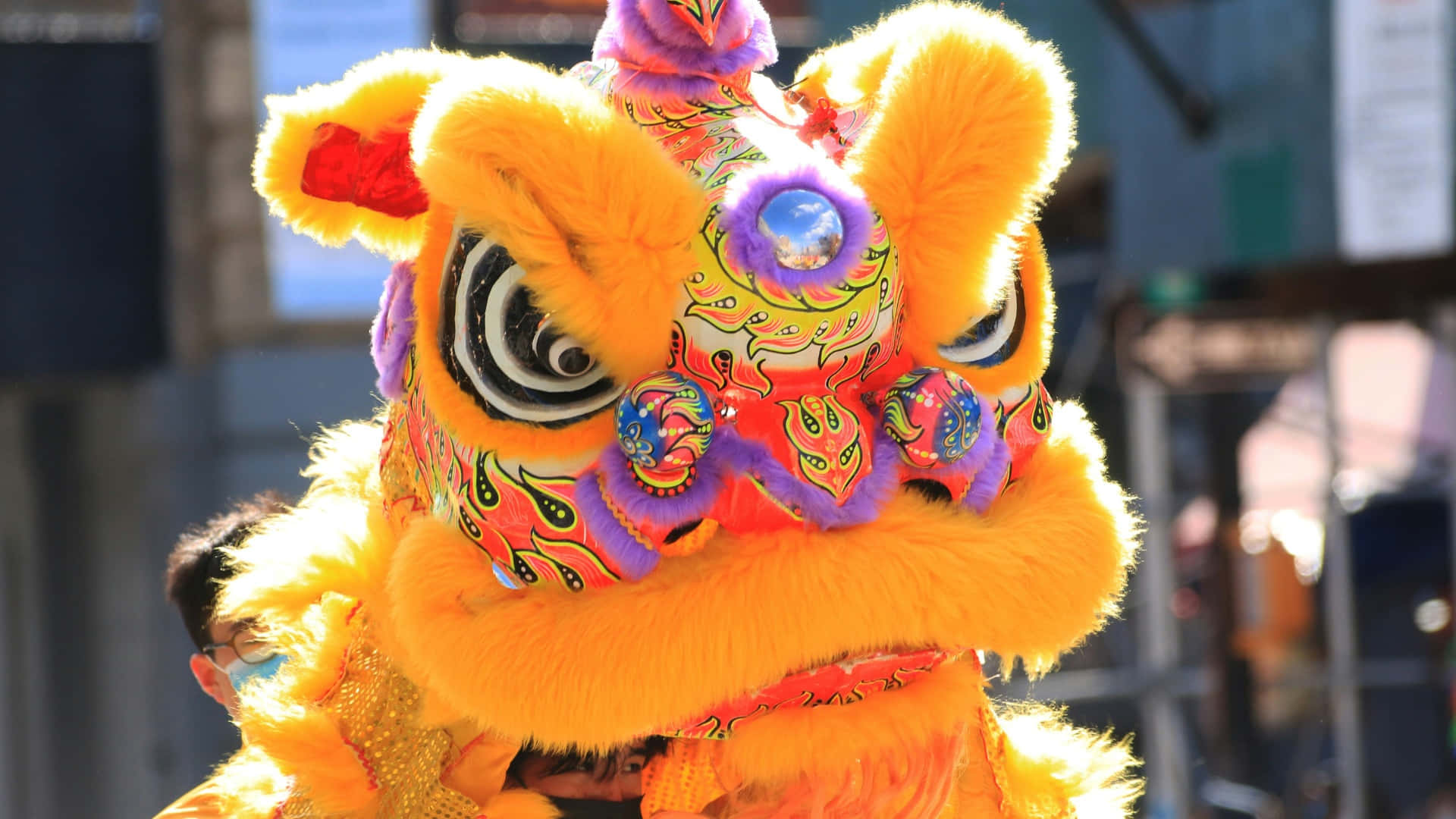  壁紙 — 充滿活力的黃色舞獅服裝，帶有複雜多彩的圖案和蓬鬆的毛髮，在明亮的日光下閃閃發光。