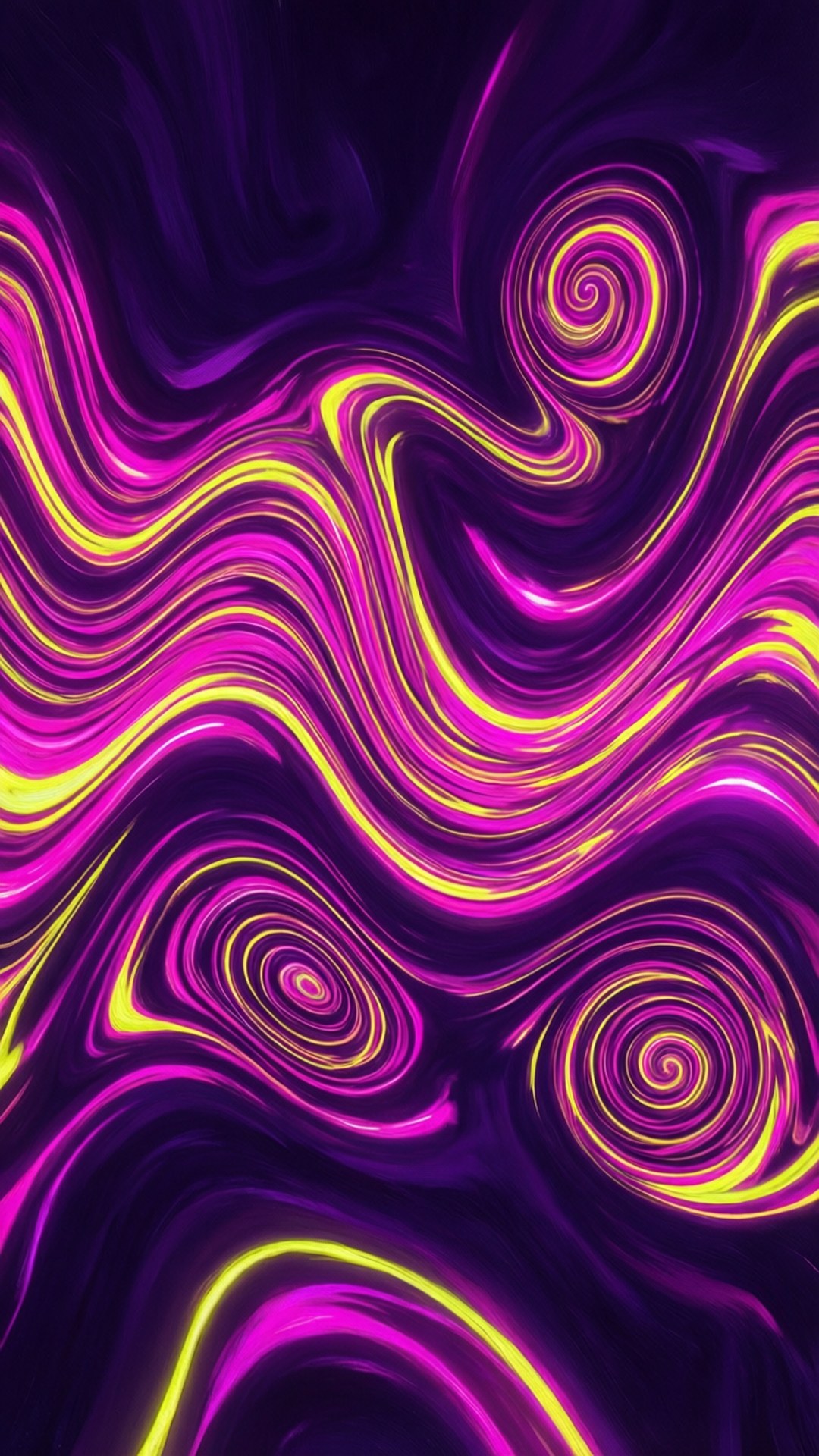 洋紅色和黃色的動態霓虹漩渦在深紫色背景上發光。
