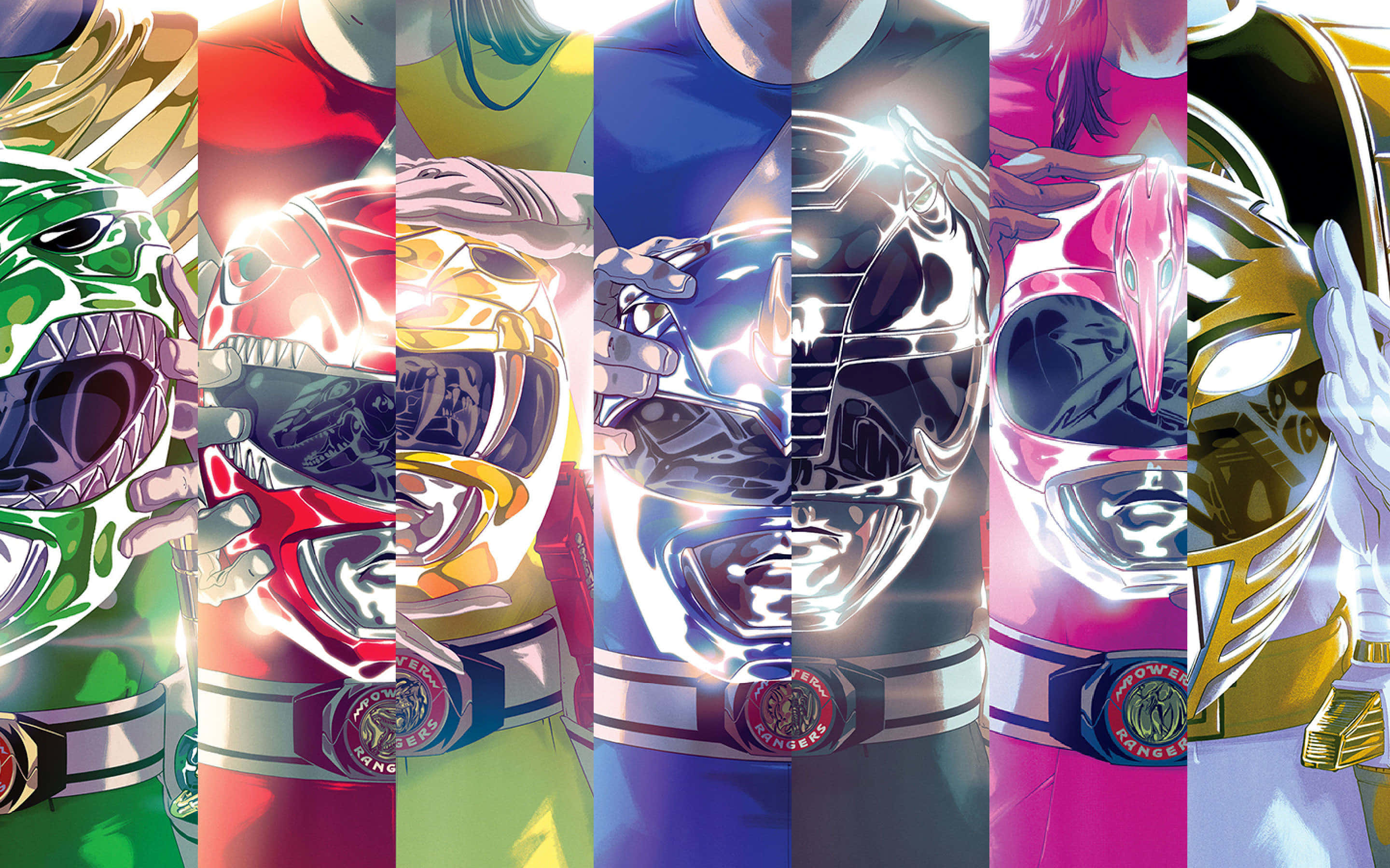 Green Ranger 桌布 壁紙 — 充滿活力的動漫風格恐龍戰隊全副武裝並排站立，形成動感多彩的陣容。