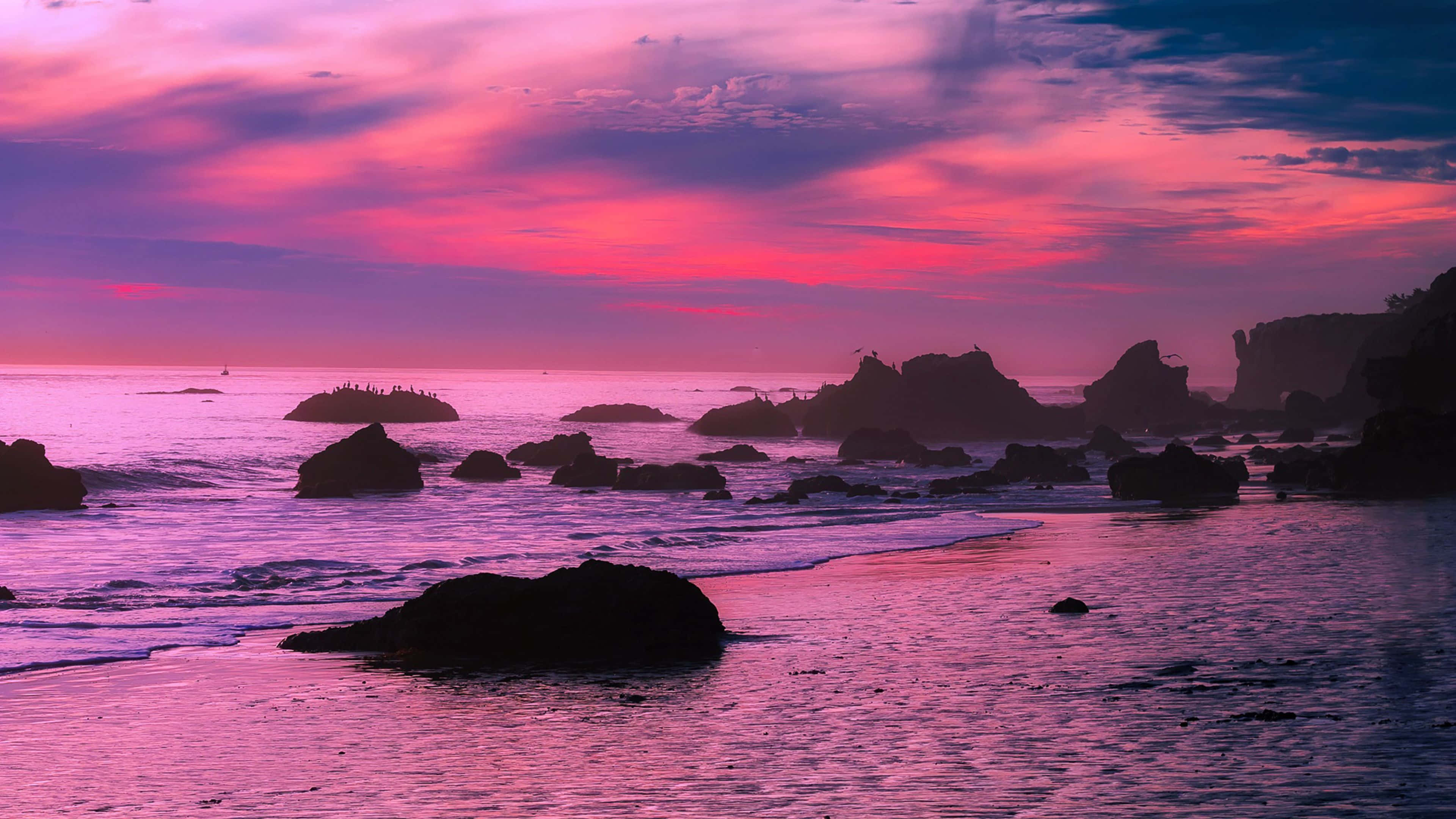 Colorful Sunset 桌布 壁紙 — 充滿活力的粉紅色和紫色日落將海洋和岩石海岸線塗上夢幻、超現實的光芒。