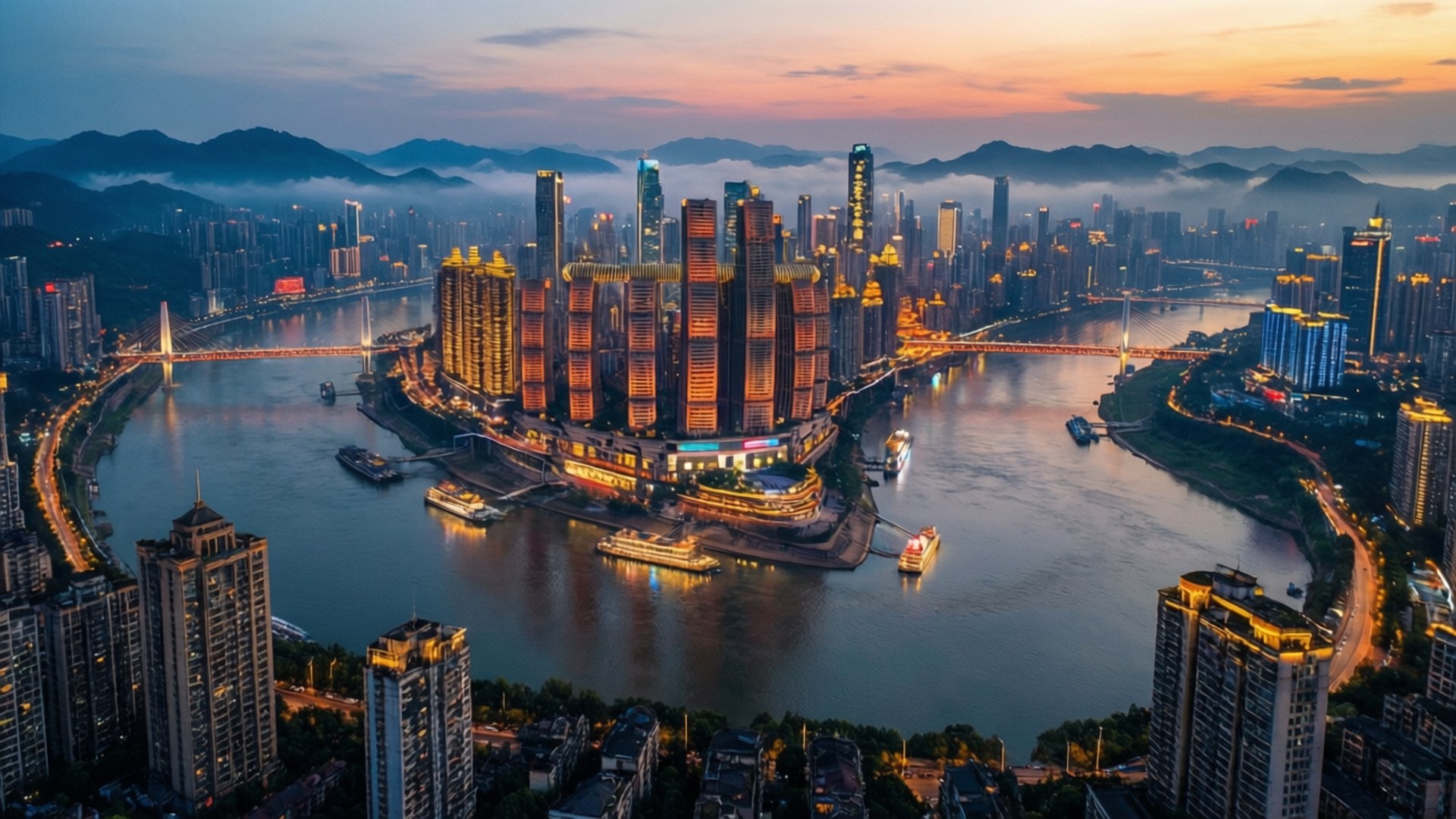 黃昏時分的城市天際線，沿著河流的照明建築物，周圍環繞著山脈和霧氣。