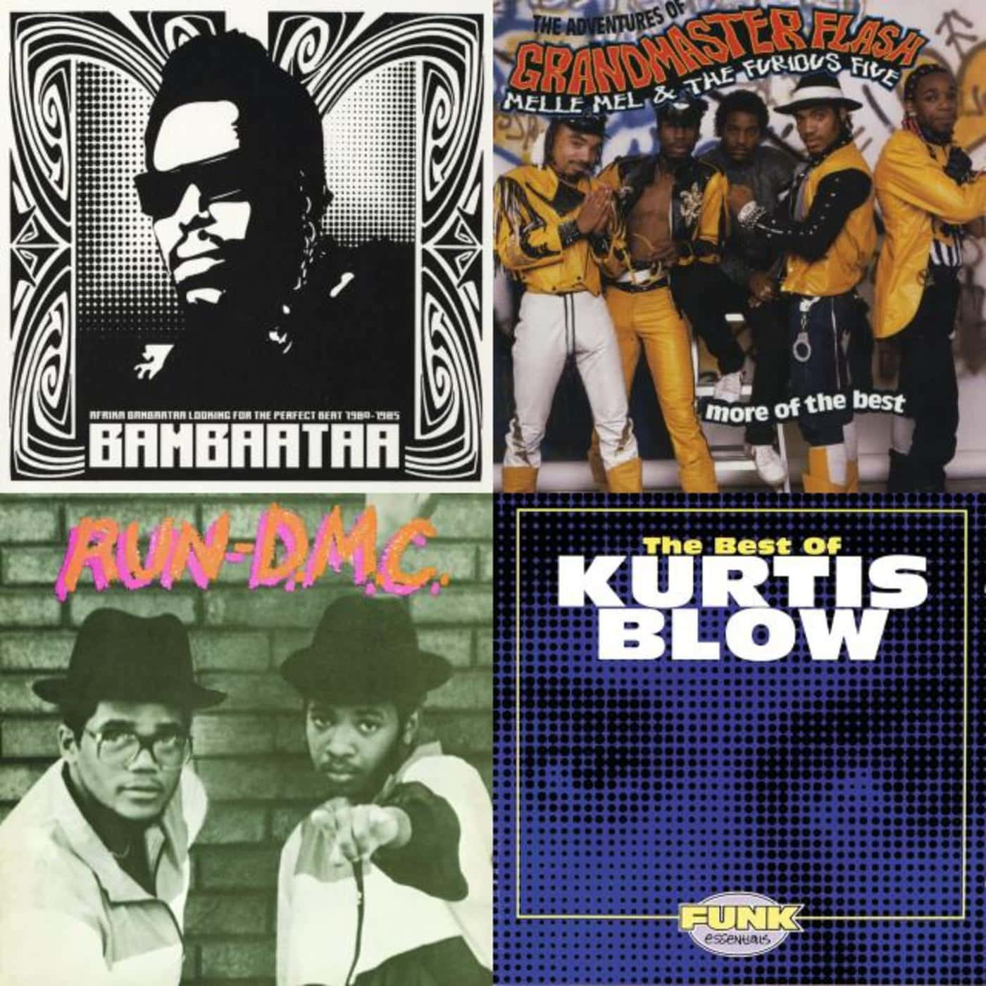 Choosey Lover Grandmaster Flash 和 The Furious Five 壁紙 — 四張復古嘻哈專輯封面，以Bambaataa、Grandmaster Flash、Run DMC和Kurtis Blow等藝術家為特色，採用大膽的圖形風格。
