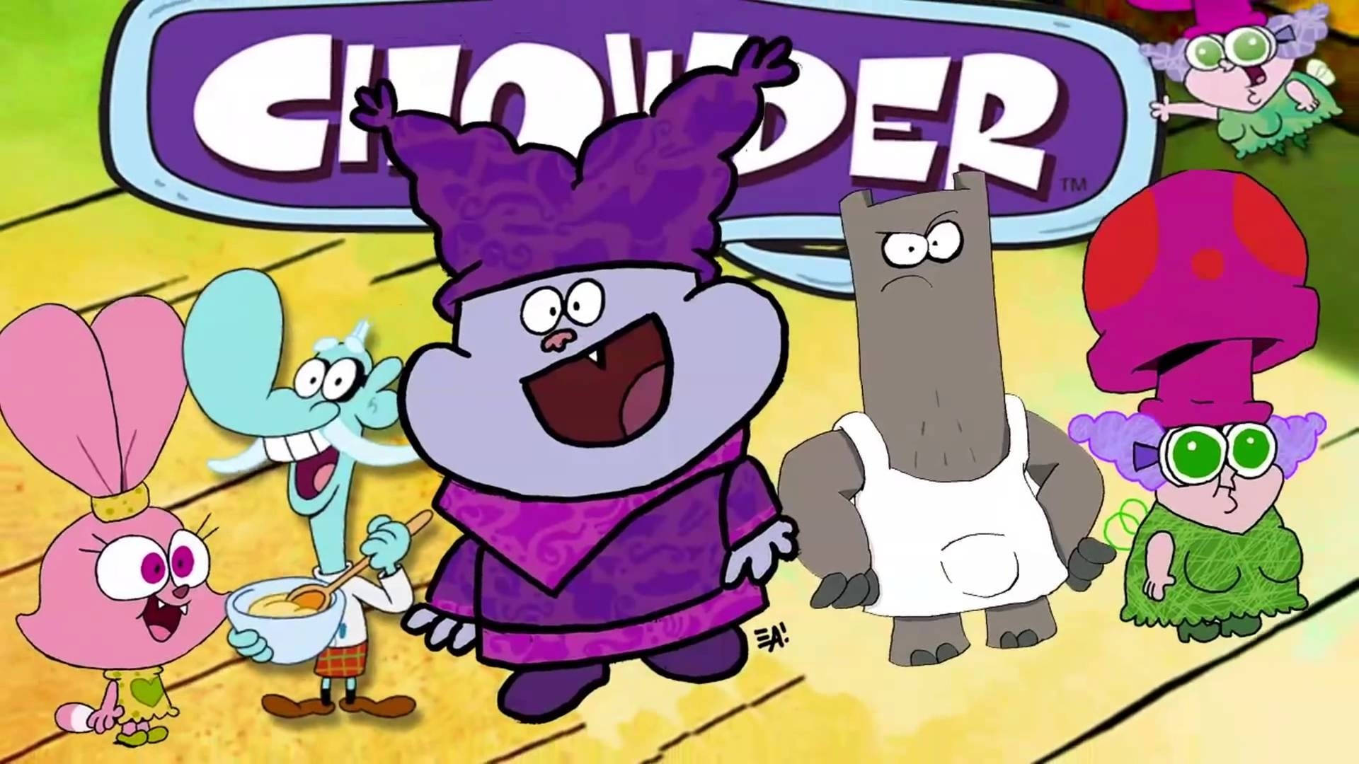 來自 Chowder 的一組色彩繽紛的卡通角色聚集在桌子周圍。