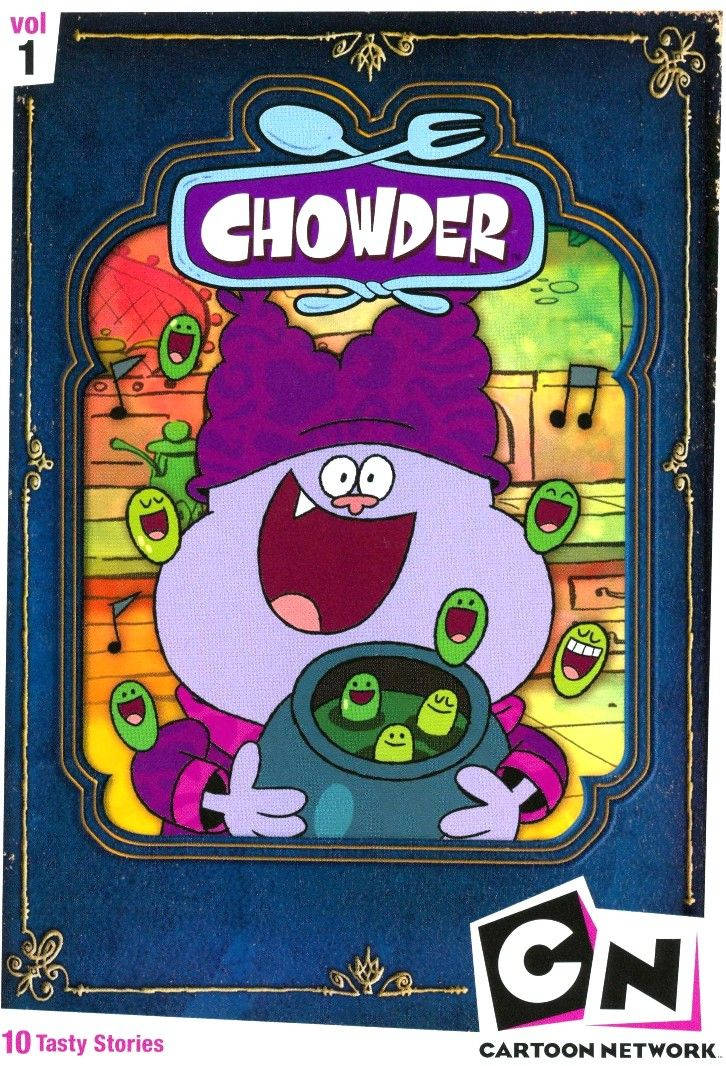 Chowder 卡通角色拿著一鍋綠色生物，背景有音符。