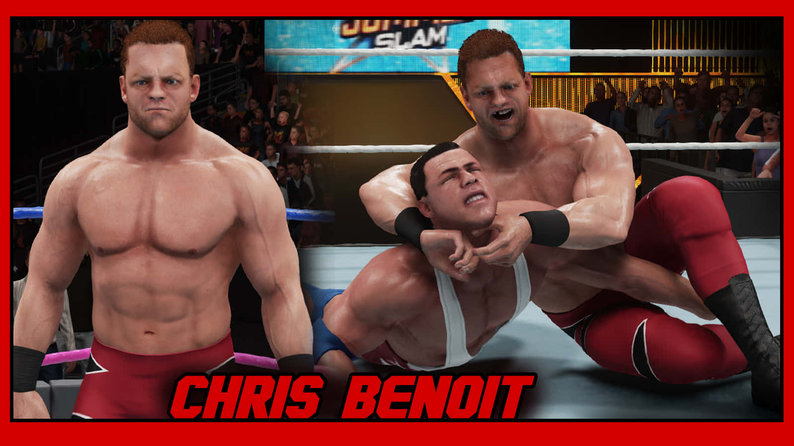 Chris Benoit 電子遊戲影像 壁紙 — 兩名肌肉發達的摔角手在擂台上激烈纏鬥，觀眾在明亮的場館燈光下觀看。
