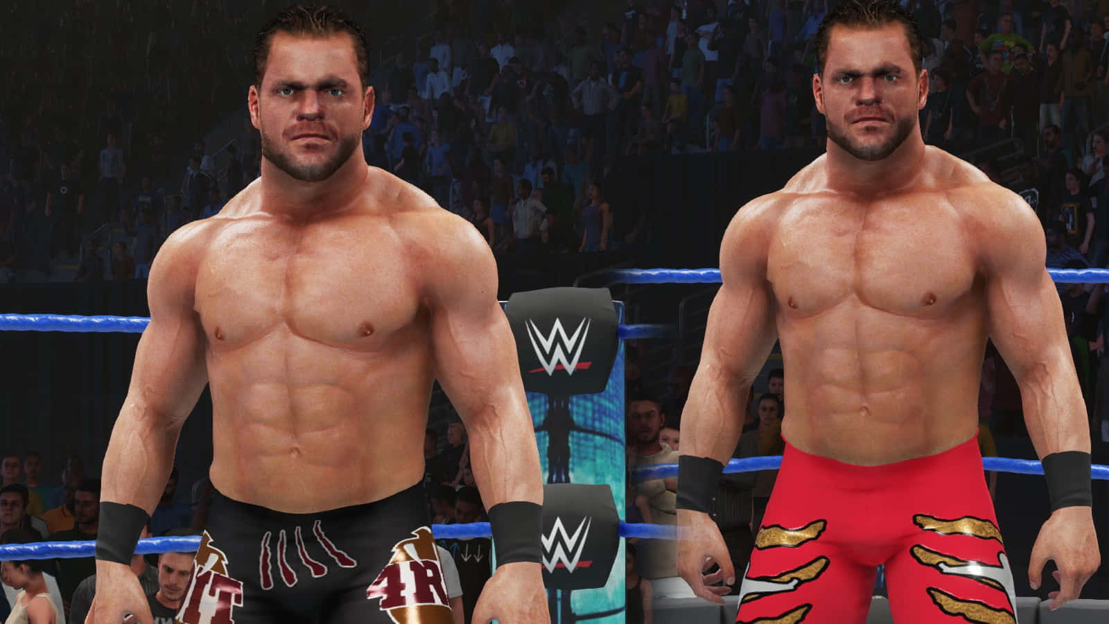 Chris Benoit 電子遊戲角色 壁紙 — 兩位肌肉發達的WWE摔角手在擂台上向前方站立，在場館燈光下展現強烈表情。