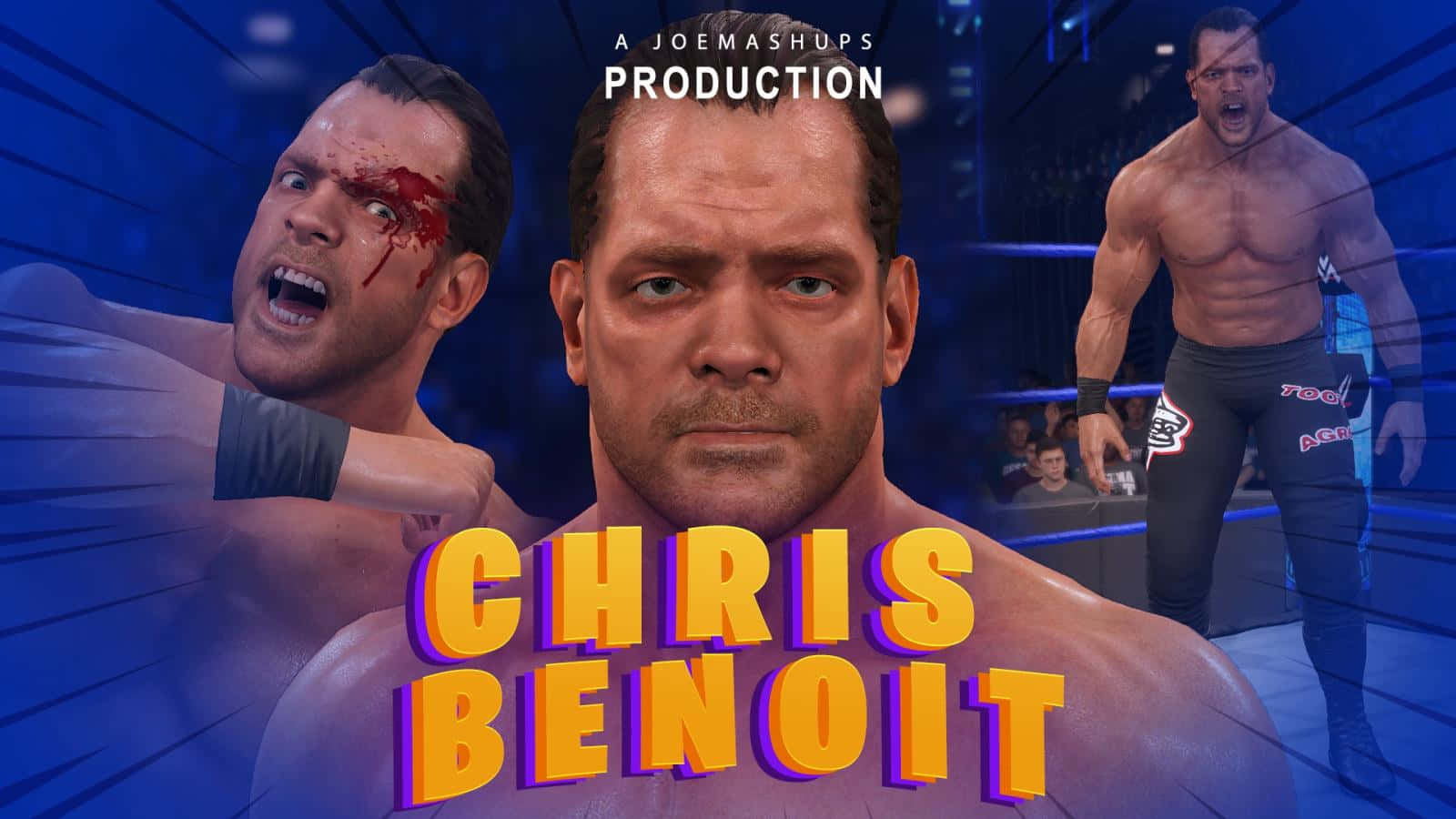 Chris Benoit海報設計 壁紙 — 一張戲劇性的摔角海報，以Chris Benoit為主角，臉上帶血，表情激烈，背景為藍色擂台。