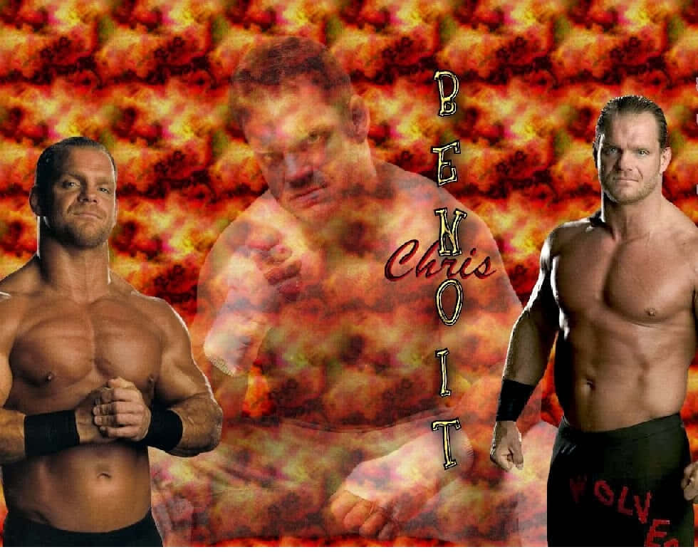 三位摔角手在帶有火焰紋理的圖形設計中，帶有 Chris Benoit 文字。